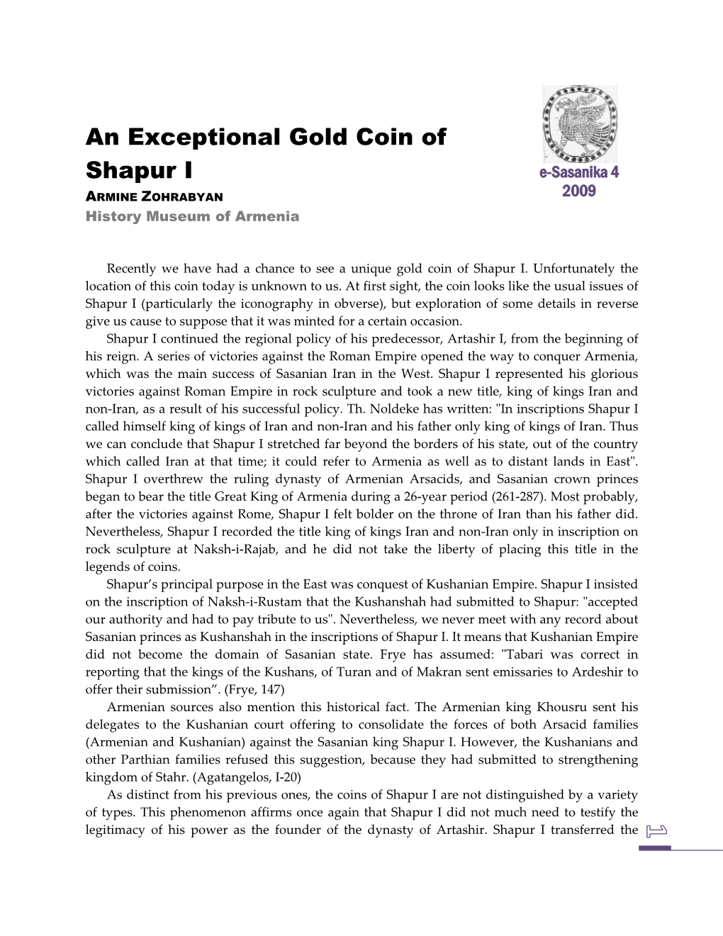 An Exceptional Gold Coin of Shapur I