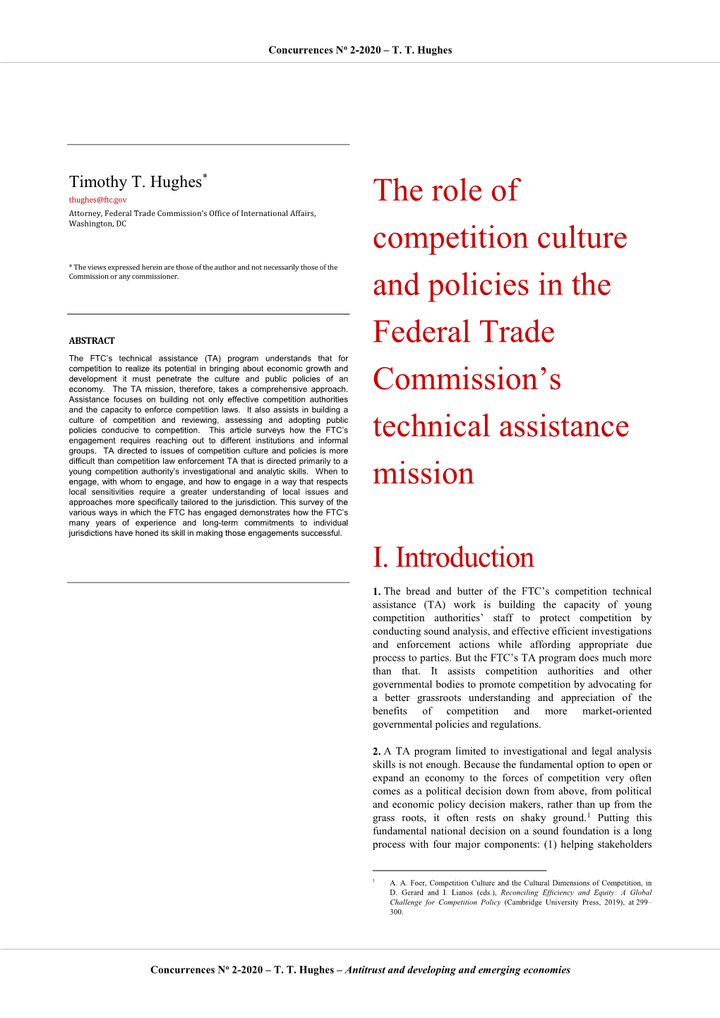 The Role of Competition Culture and Policies in the Federal Trade