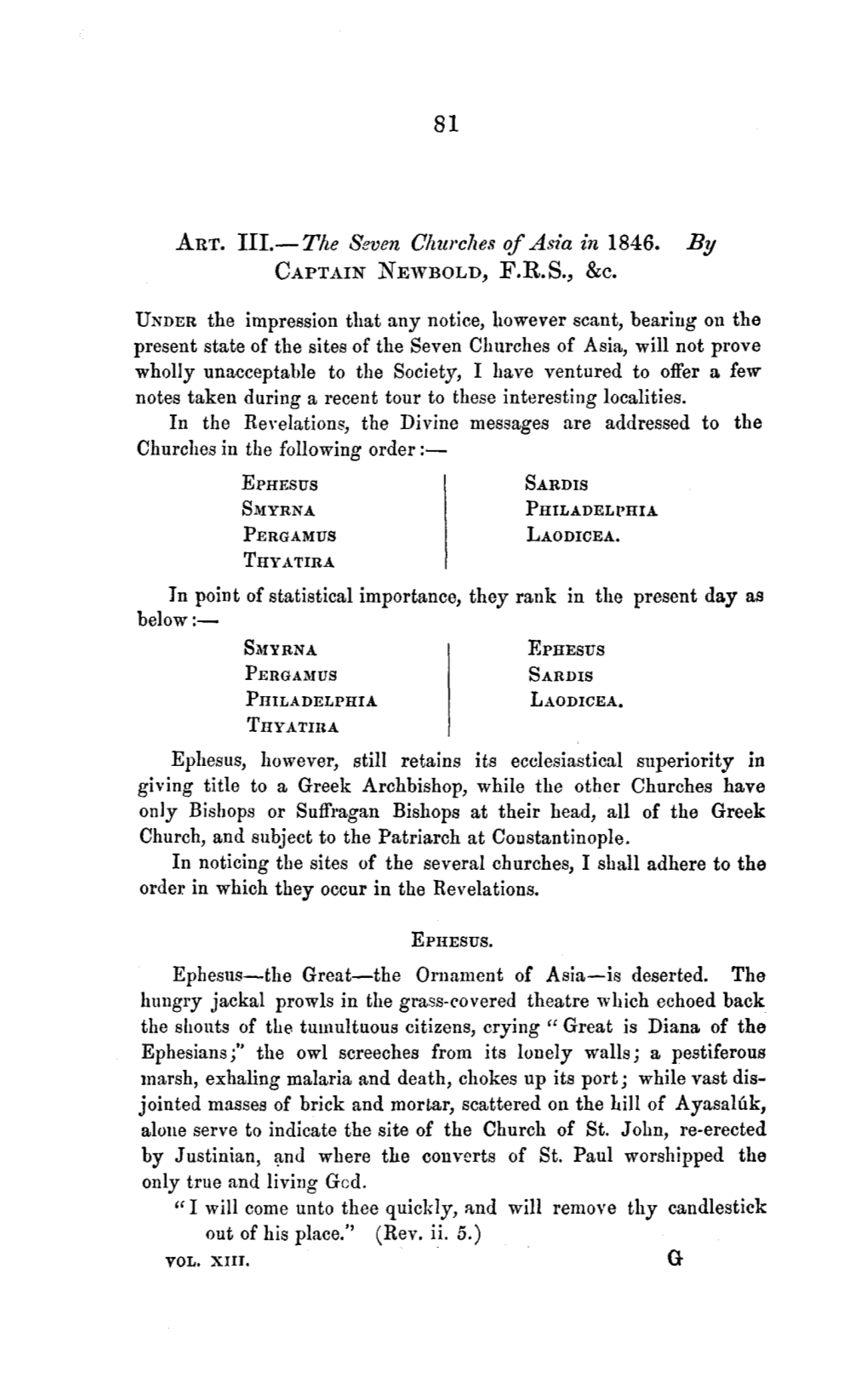 The Seven Churches of Asia in 1846. by CAPTAIN NEWBOLD, F.R.S., &C