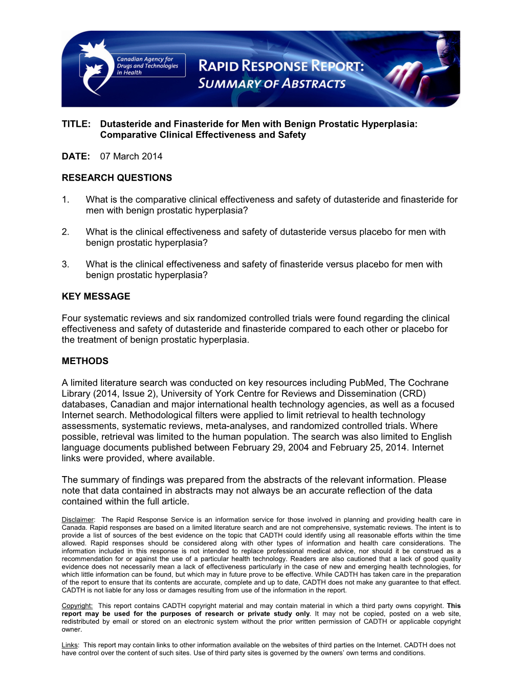 Dutasteride and Finasteride for Men with Benign Prostatic Hyperplasia: Comparative Clinical Effectiveness and Safety