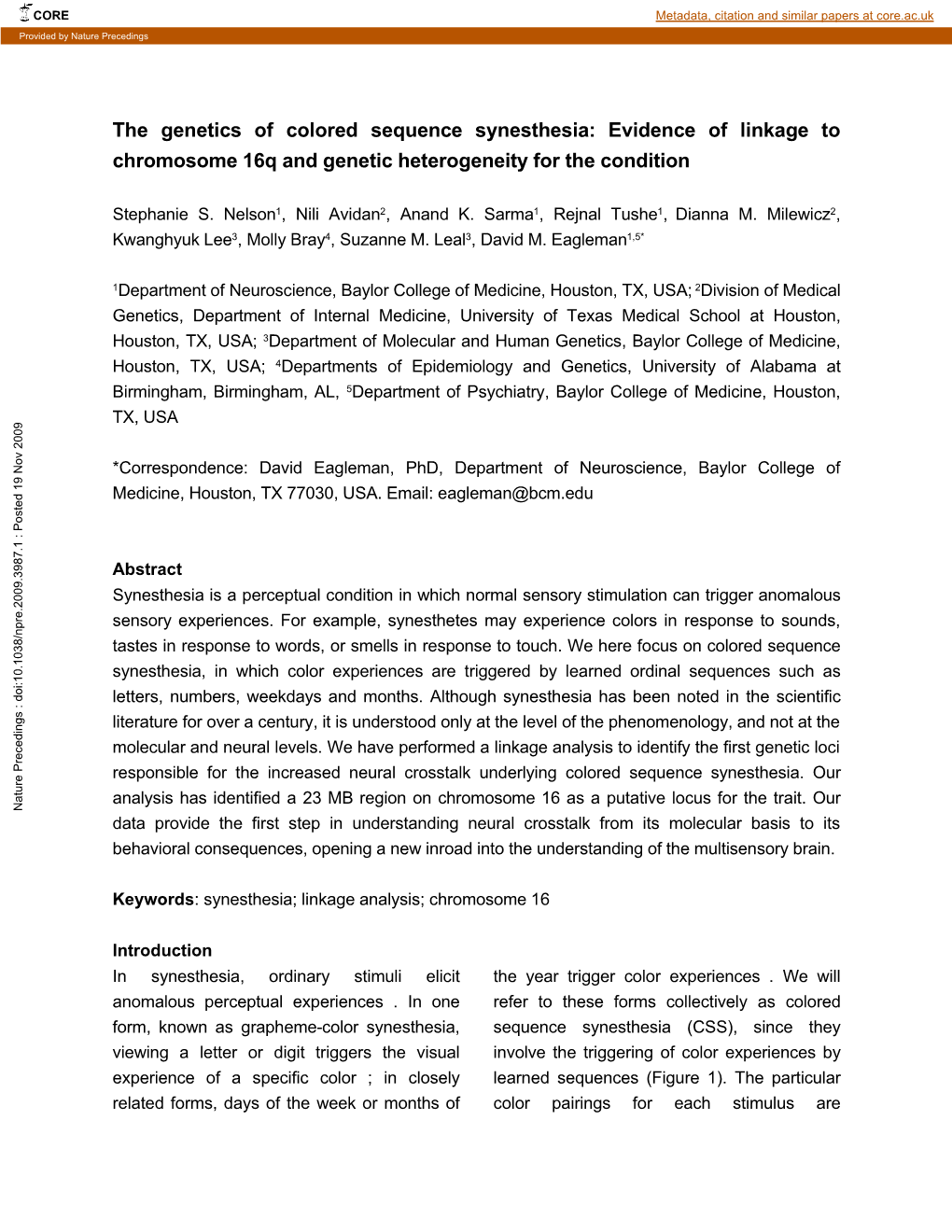 The Genetics of Colored Sequence Synesthesia: Evidence of Linkage to Chromosome 16Q and Genetic Heterogeneity for the Condition