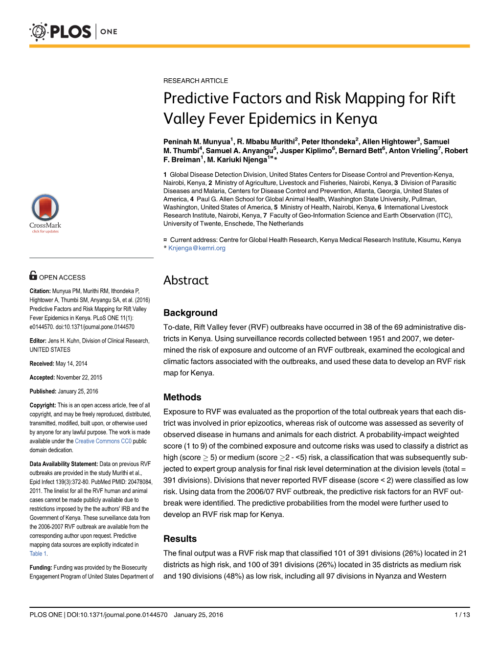 Predictive Factors and Risk Mapping for Rift Valley Fever Epidemics in Kenya