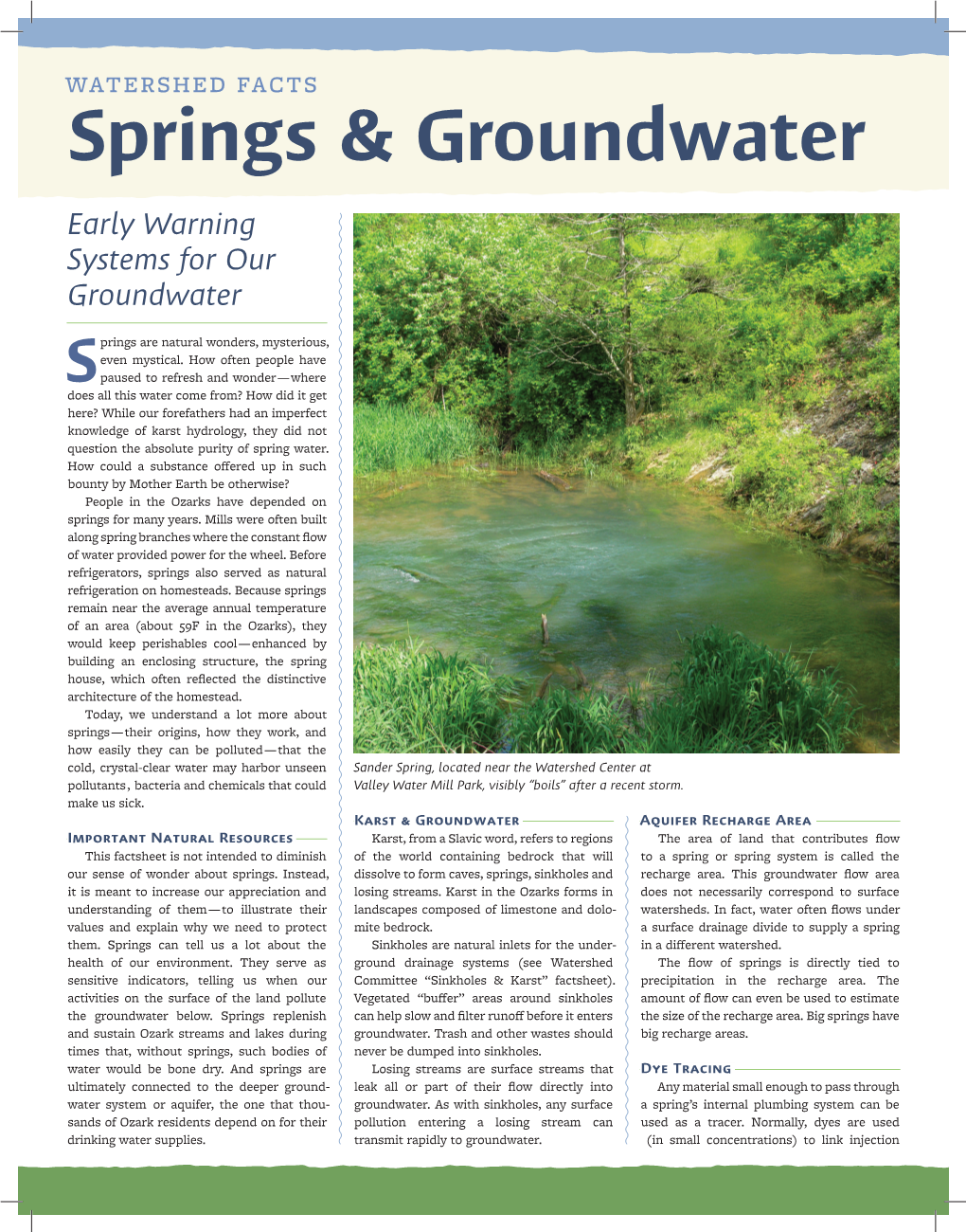 WATERSHED FACTS Springs & Groundwater Early Warning Systems for Our Groundwater