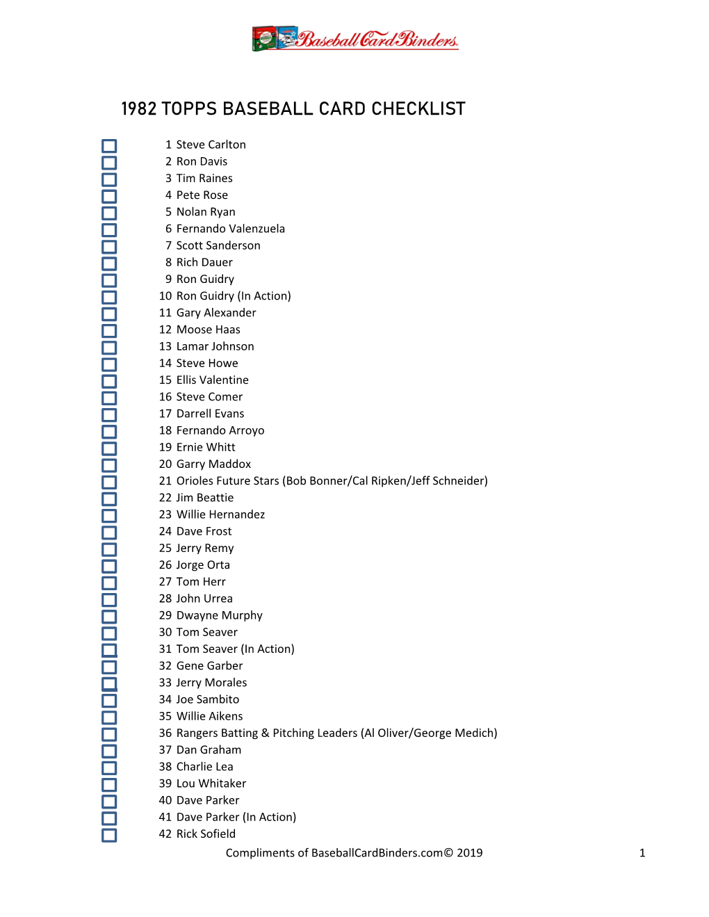 1982 Topps Baseball Card Checklist