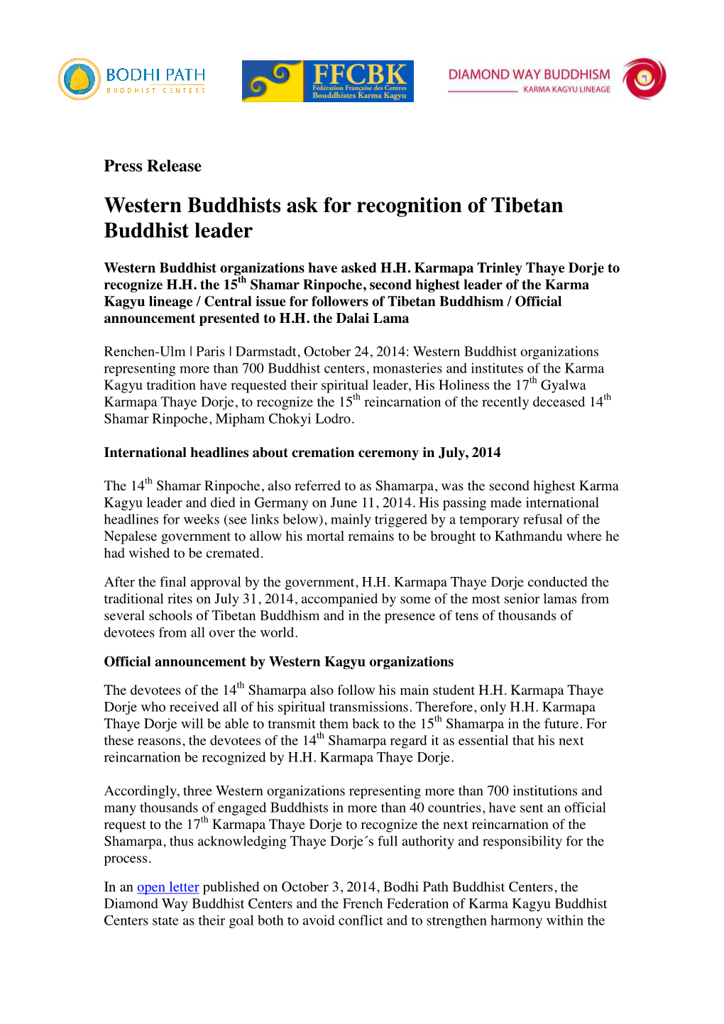 Western Buddhists Ask for Recognition of Tibetan Buddhist Leader