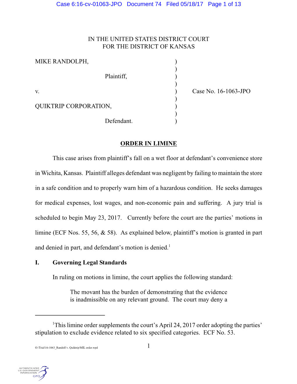 Case 6:16-Cv-01063-JPO Document 74 Filed 05/18/17 Page 1 of 13