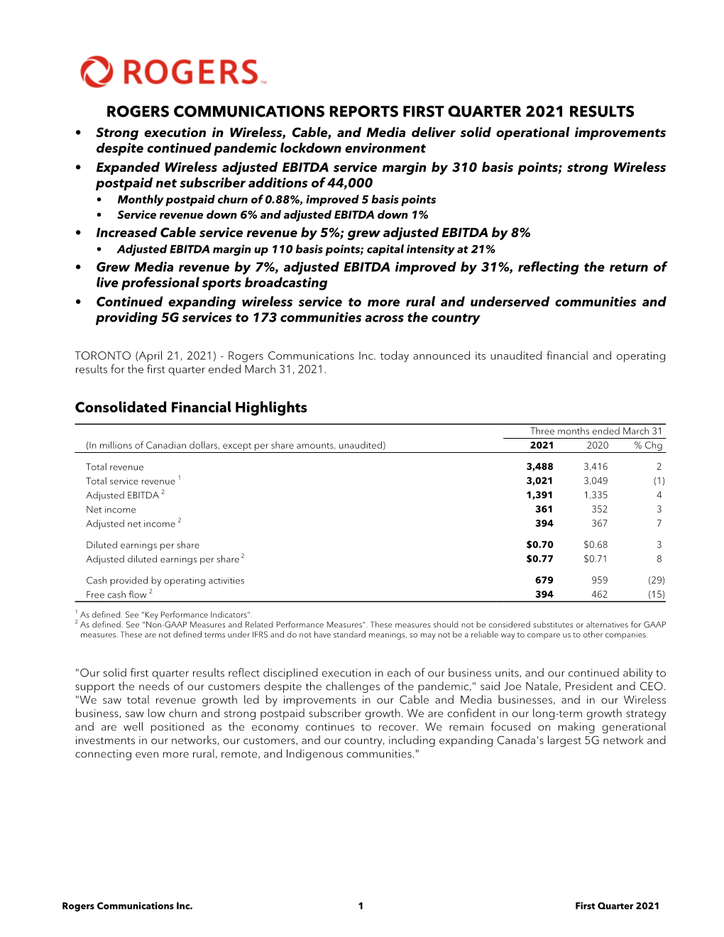 Rogers Communications Reports First Quarter 2021 Results