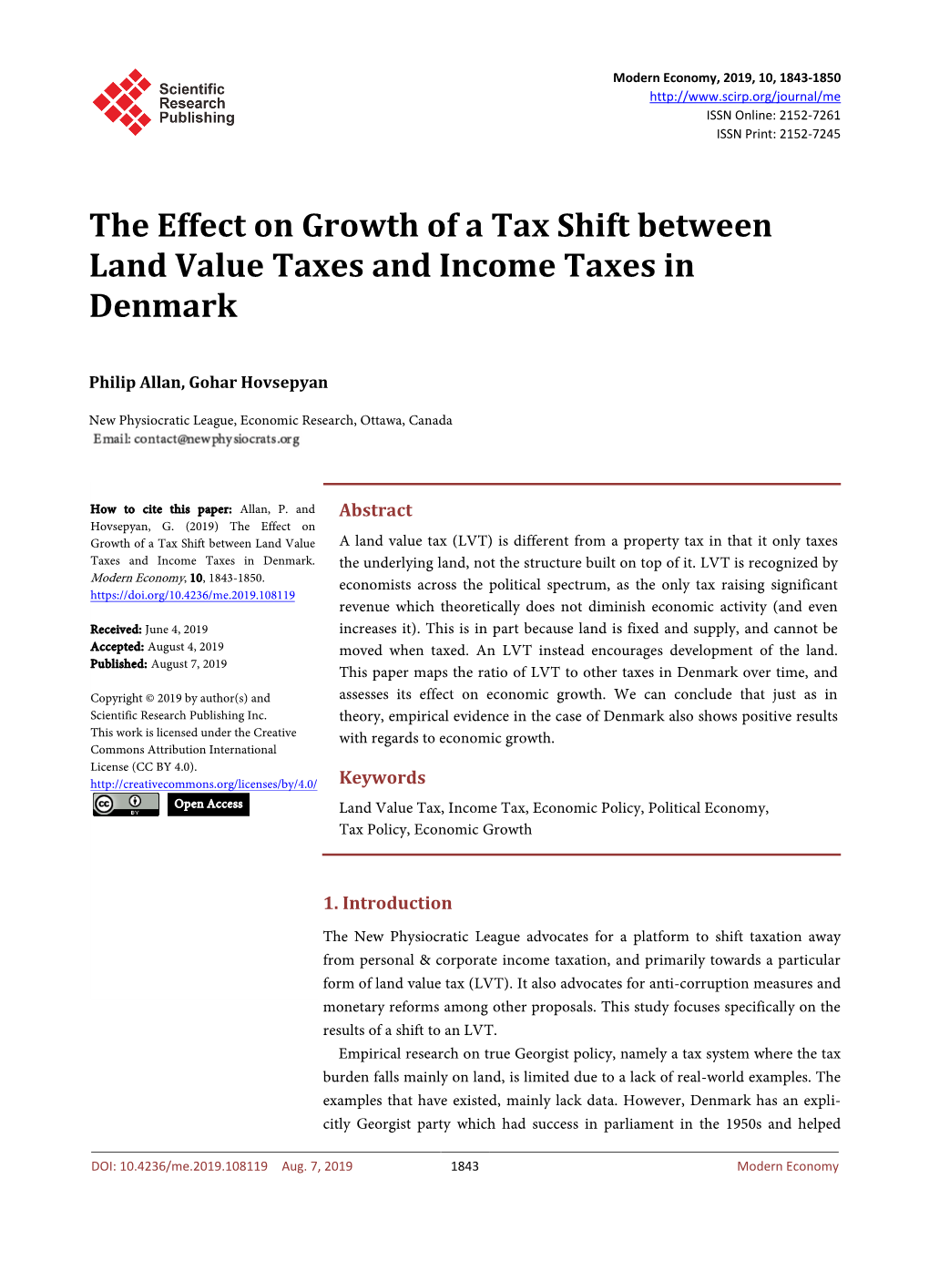 The Effect on Growth of a Tax Shift Between Land Value Taxes and Income Taxes in Denmark