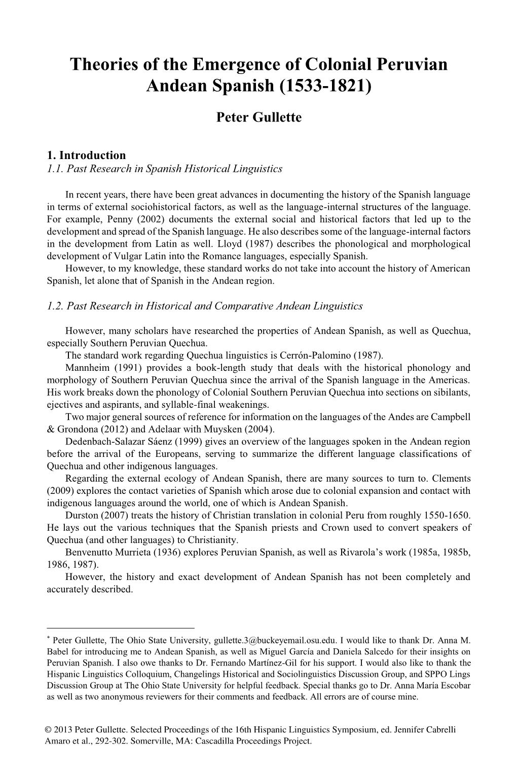 Theories of the Emergence of Colonial Peruvian Andean Spanish (1533-1821)