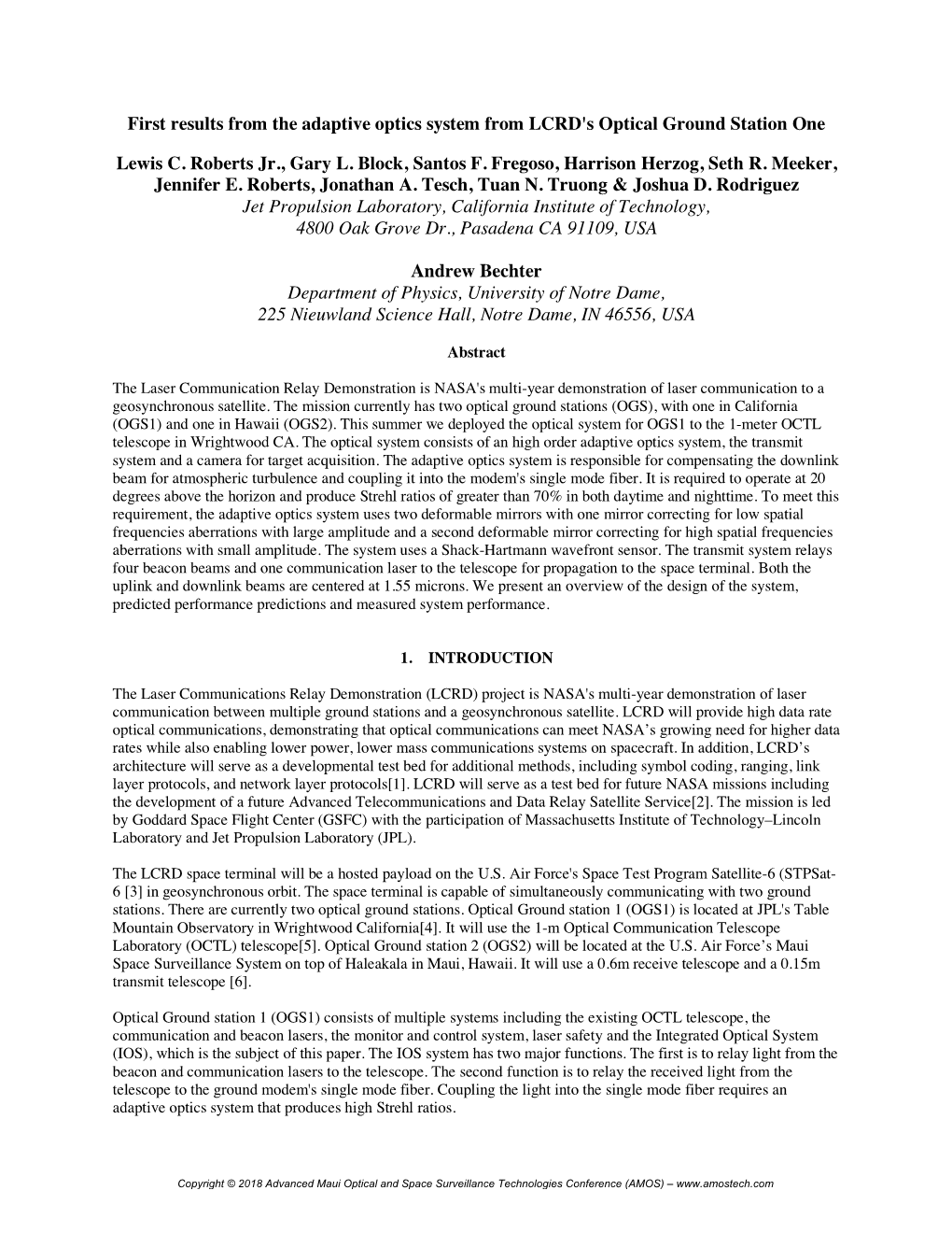 First Results from the Adaptive Optics System from LCRD's Optical Ground Station One