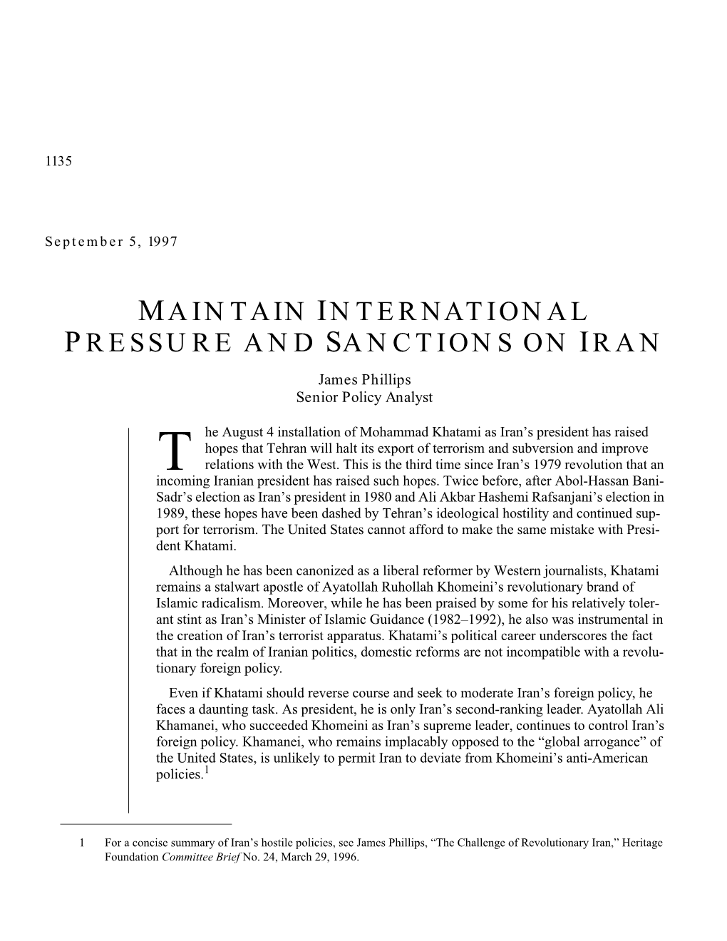 Maintain International Pressure and Sanctions on Iran