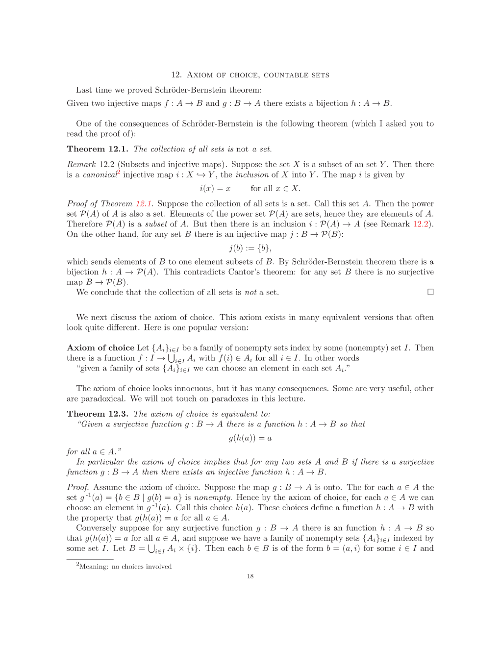 12. Axiom of Choice, Countable Sets Last Time We Proved Schröder