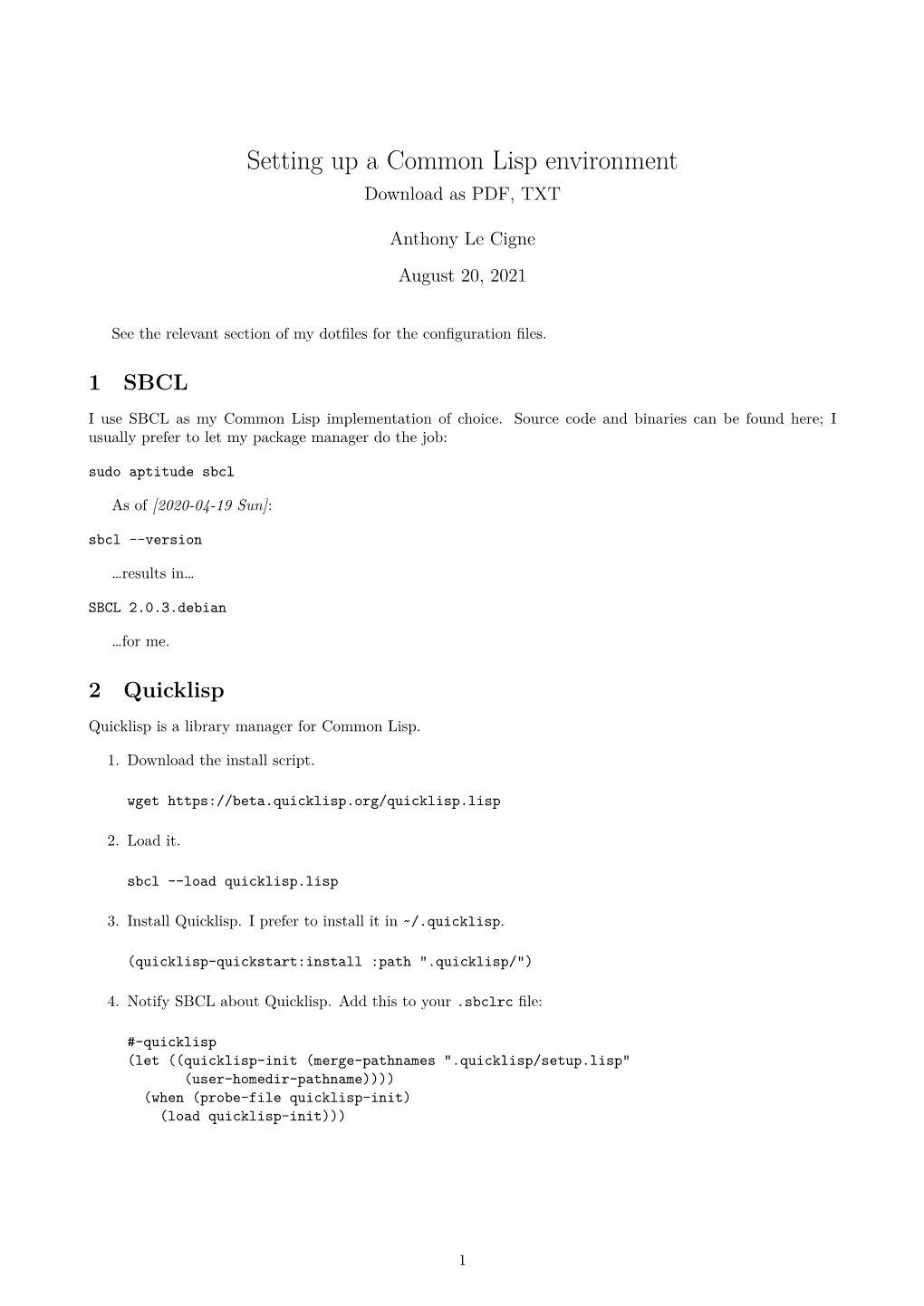 Setting up a Common Lisp Environment Download As PDF, TXT
