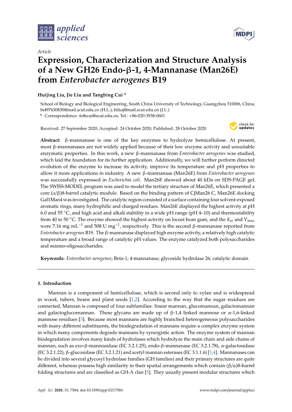 Expression, Characterization and Structure Analysis of a New GH26 Endo-Β-1, 4-Mannanase (Man26e) from Enterobacter Aerogenes B19