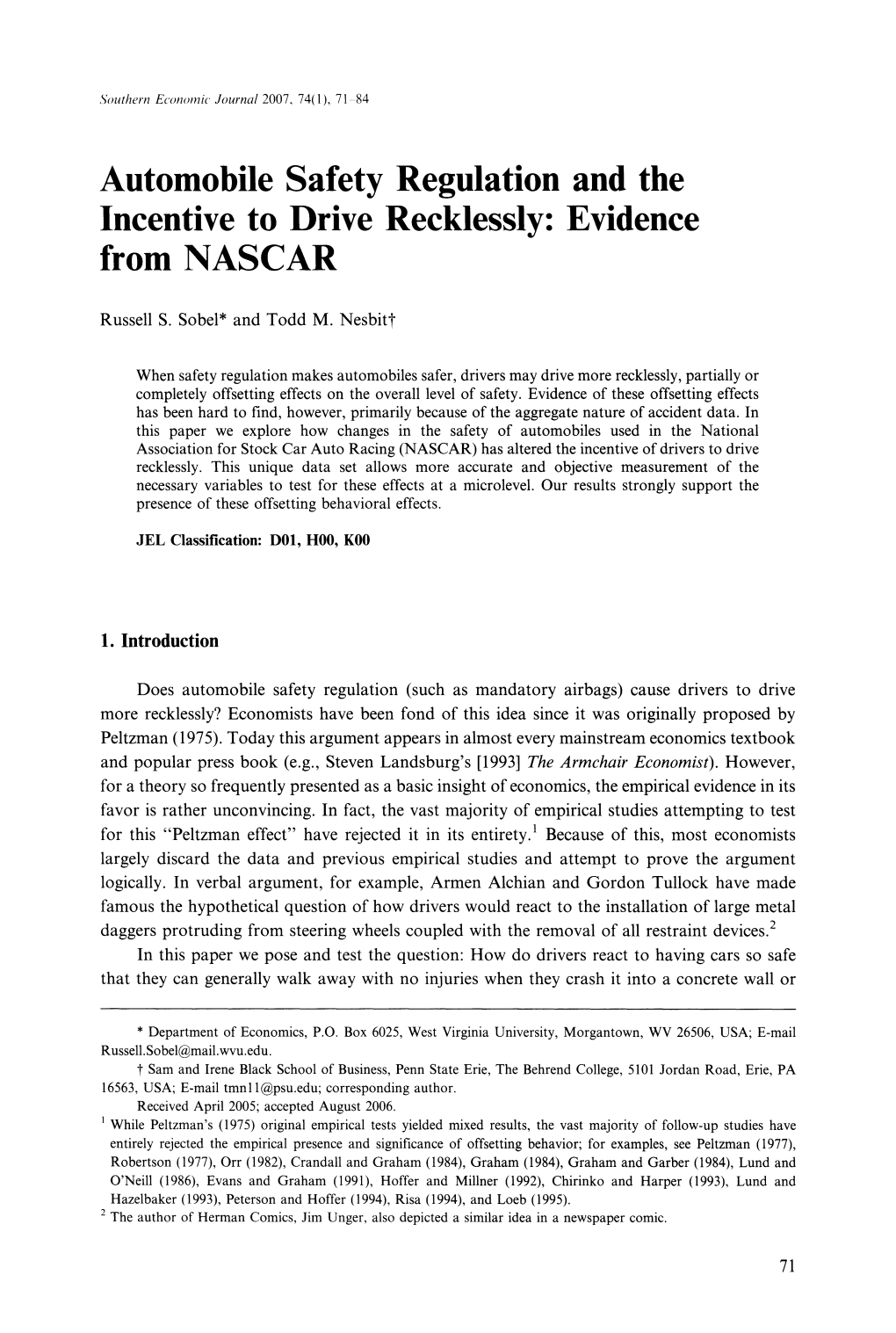 Automobile Safety Regulation and the Incentive to Drive Recklessly: Evidence Fromnascar