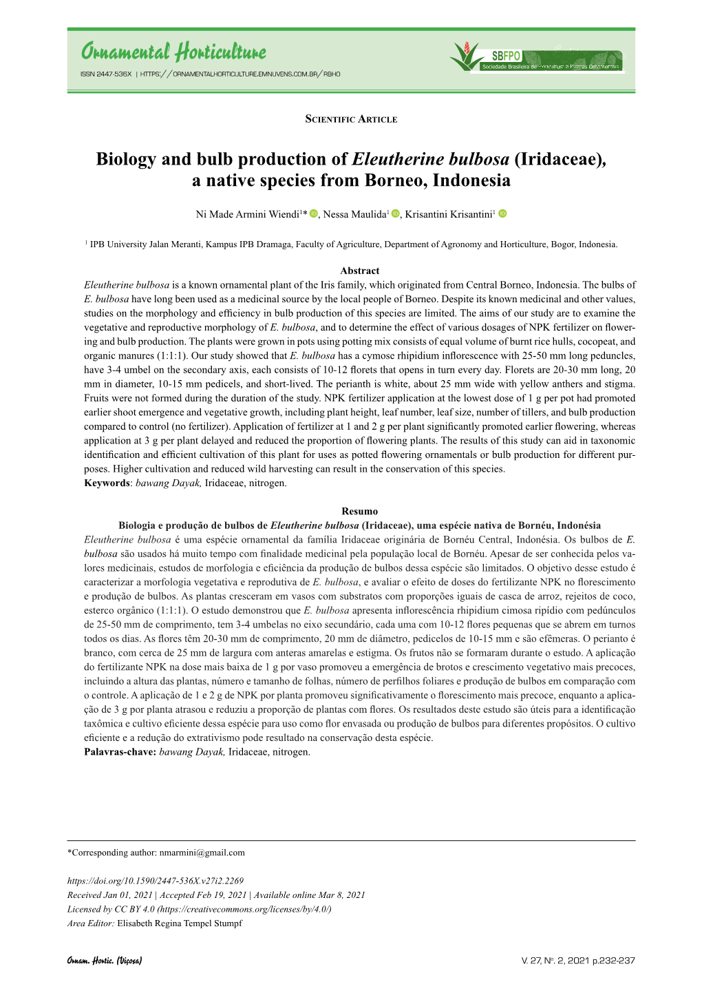 Biology and Bulb Production of Eleutherine Bulbosa