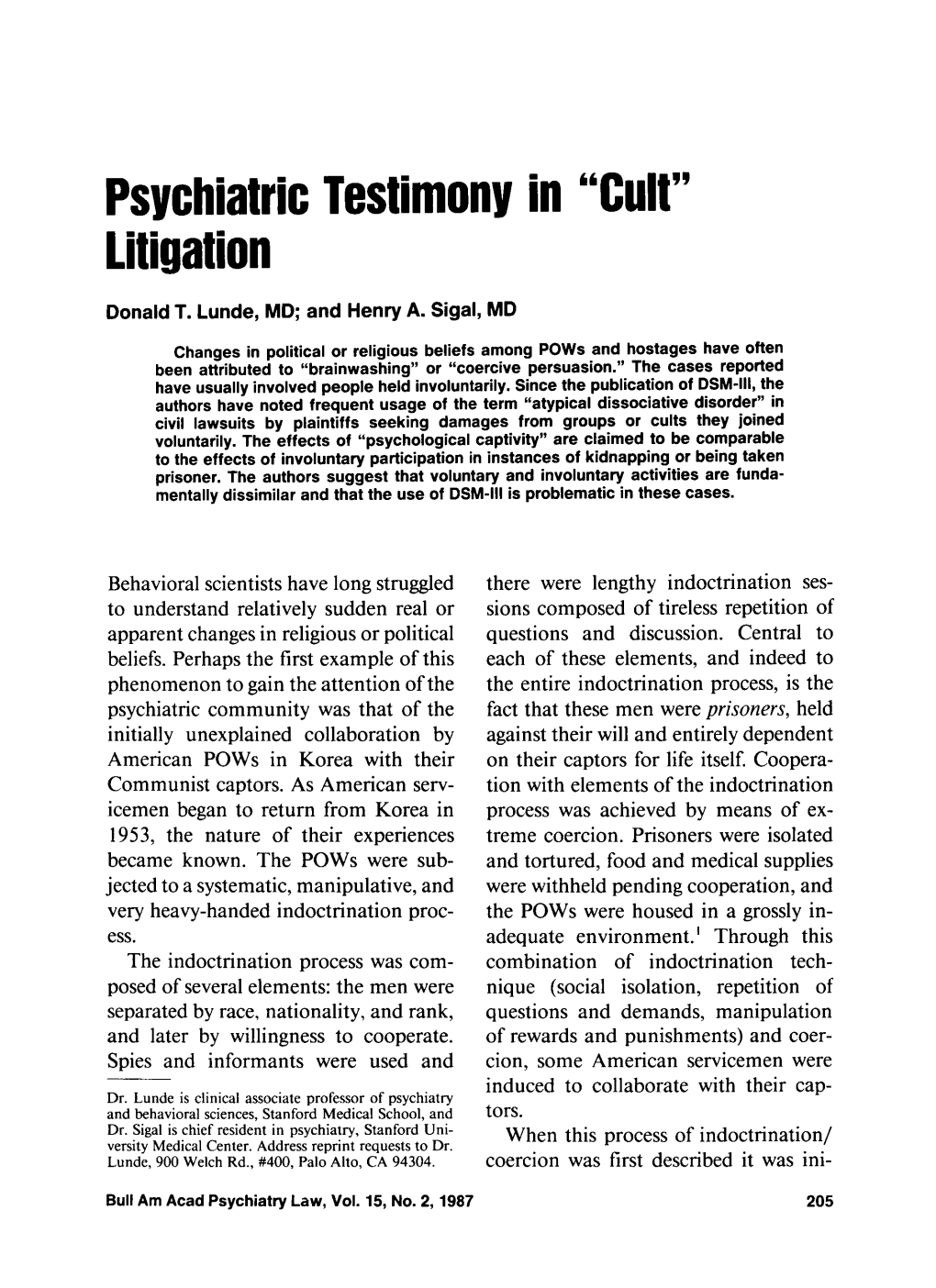 Psychiatric Testimony in "Cult"