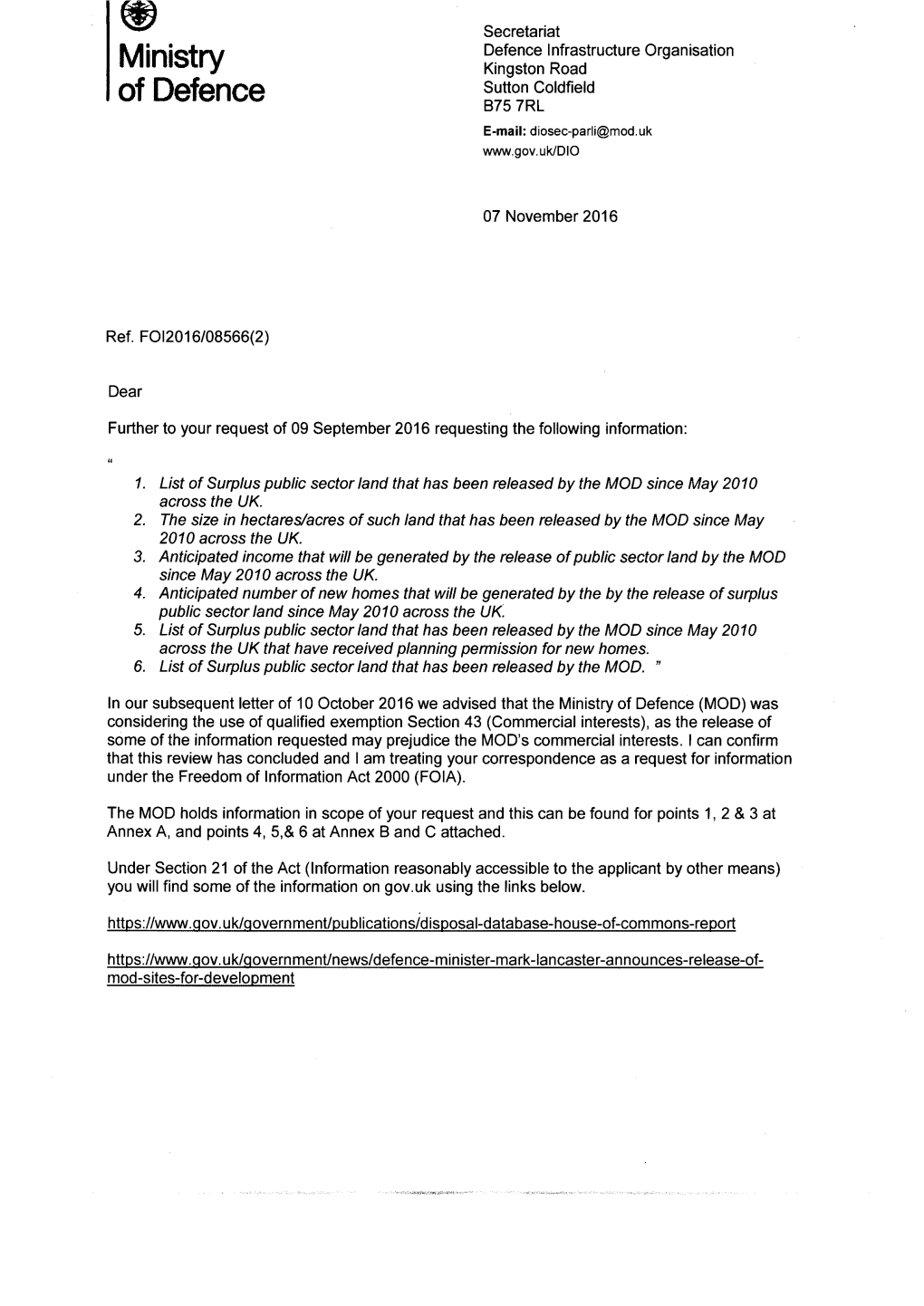 Information on Land Released by the MOD Since May 2010