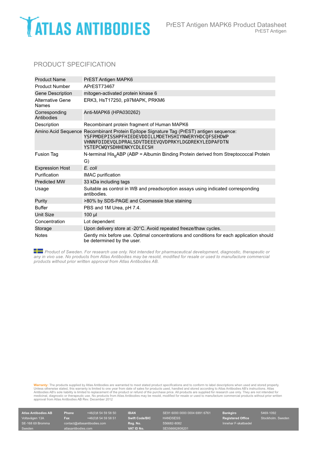 PRODUCT SPECIFICATION Prest Antigen MAPK6 Product