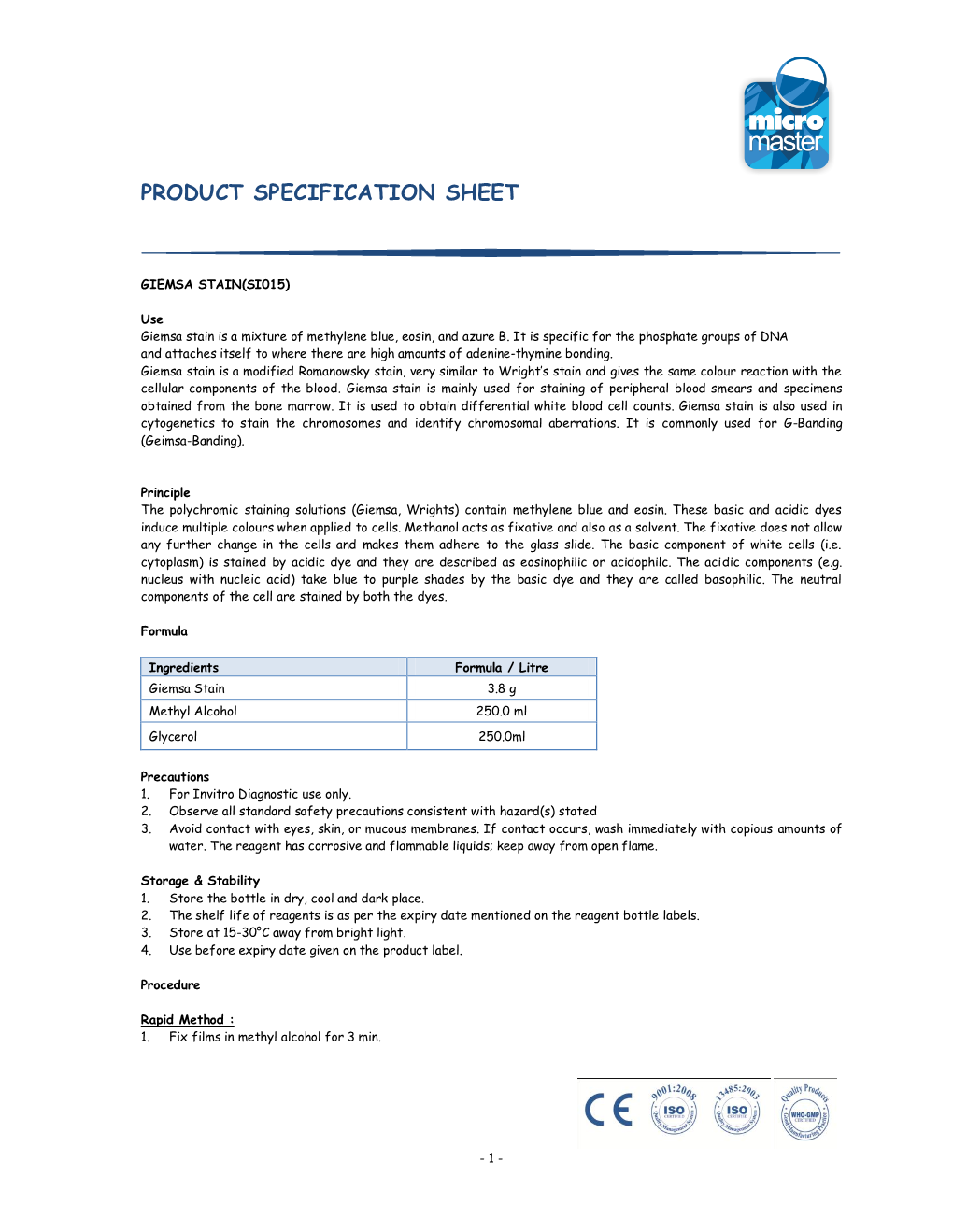 Product Specification Sheet