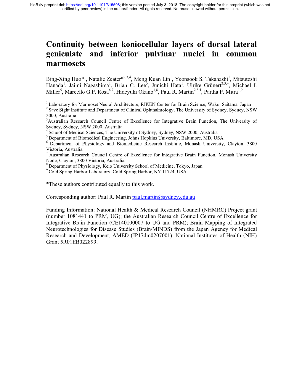 Continuity Between Koniocellular Layers of Dorsal Lateral Geniculate and Inferior Pulvinar Nuclei in Common Marmosets