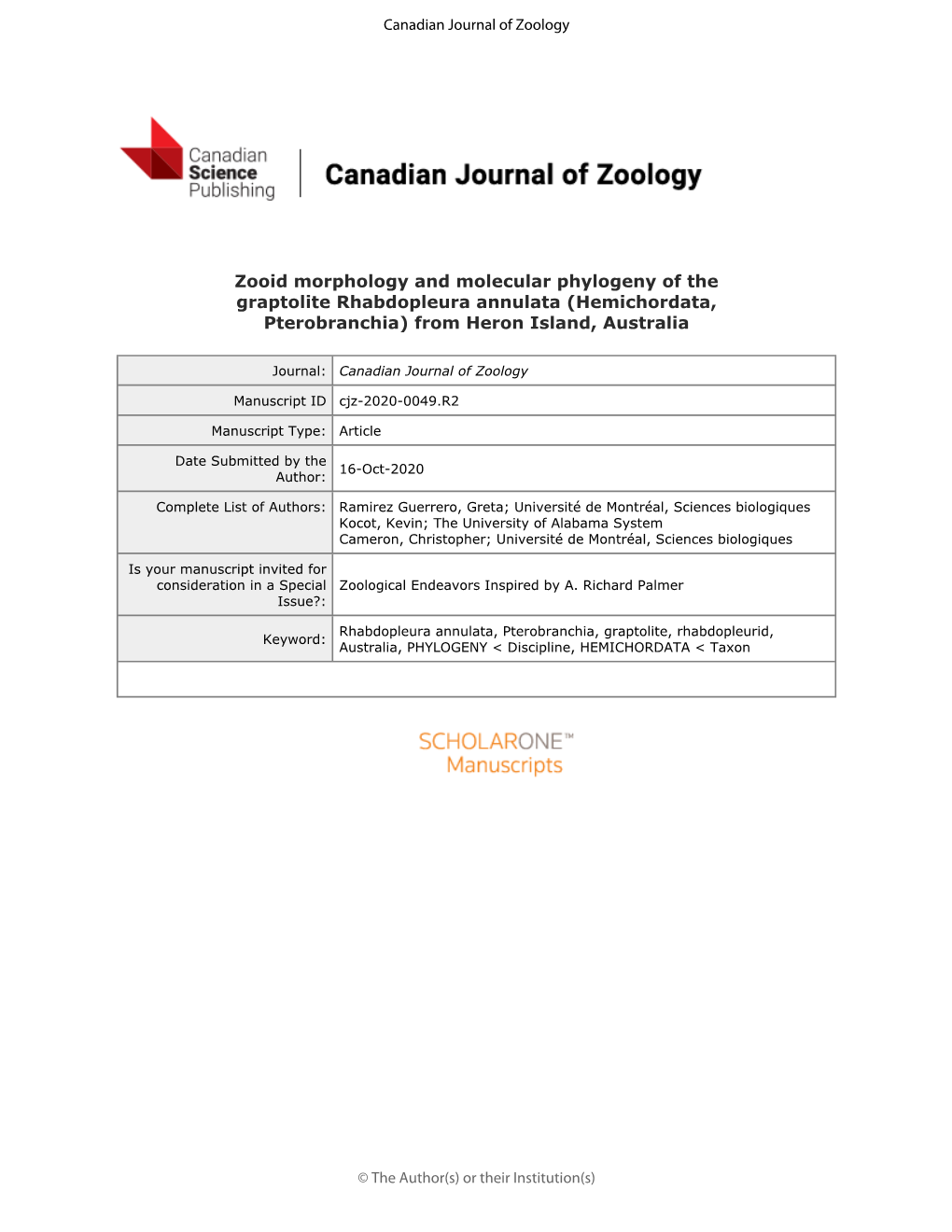 Zooid Morphology and Molecular Phylogeny of the Graptolite Rhabdopleura Annulata (Hemichordata, Pterobranchia) from Heron Island, Australia