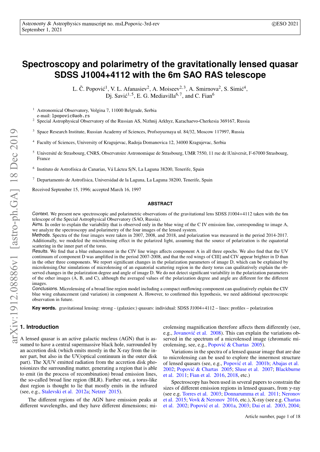 Arxiv:1912.08886V1 [Astro-Ph.GA] 18 Dec 2019 Sumed to Have a Central Supermassive Black Hole, Surrounded by Crolensing, See, E.G., Popovic´ & Chartas 2005)