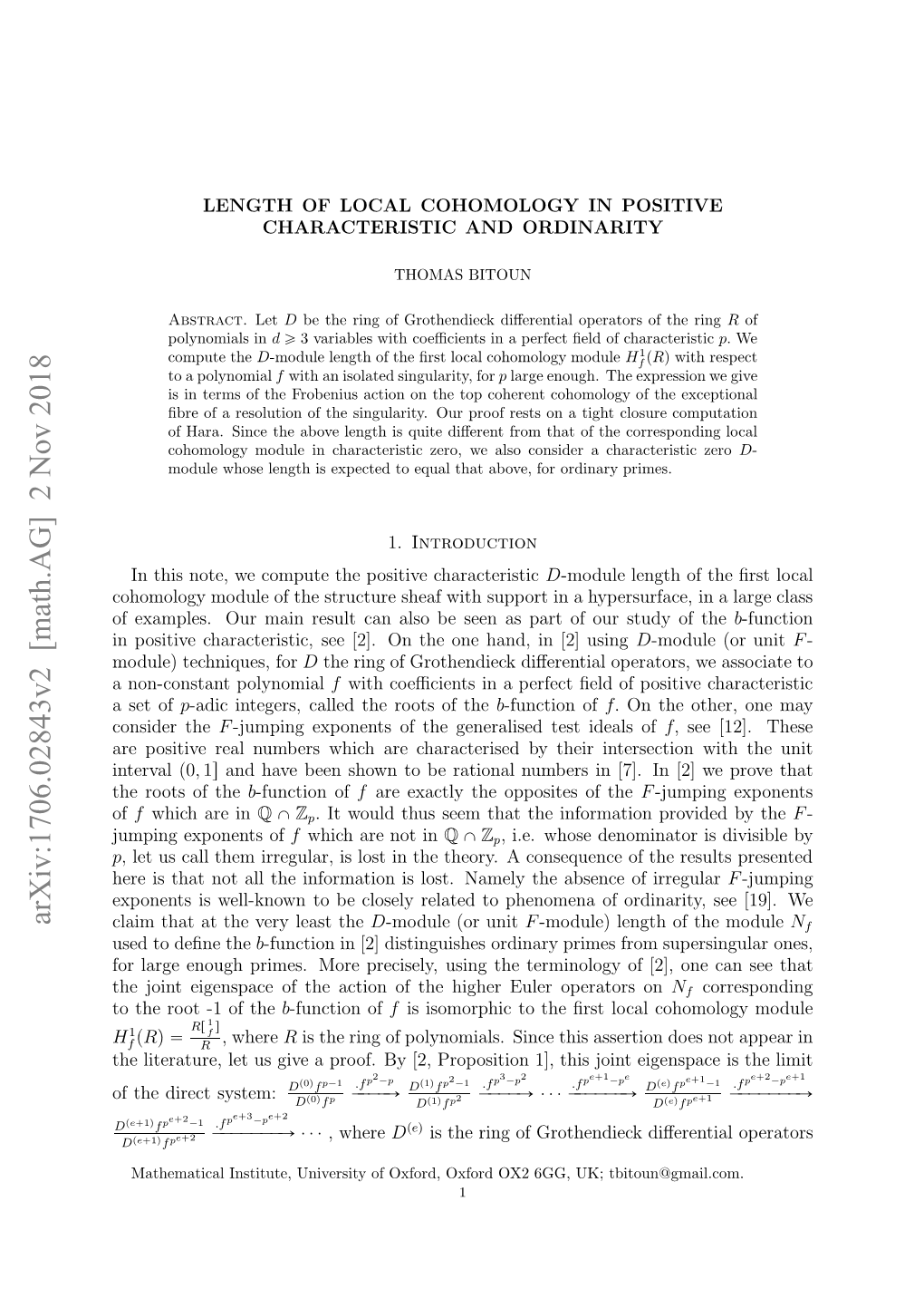 Length of Local Cohomology in Positive Characteristic and Ordinarity 3