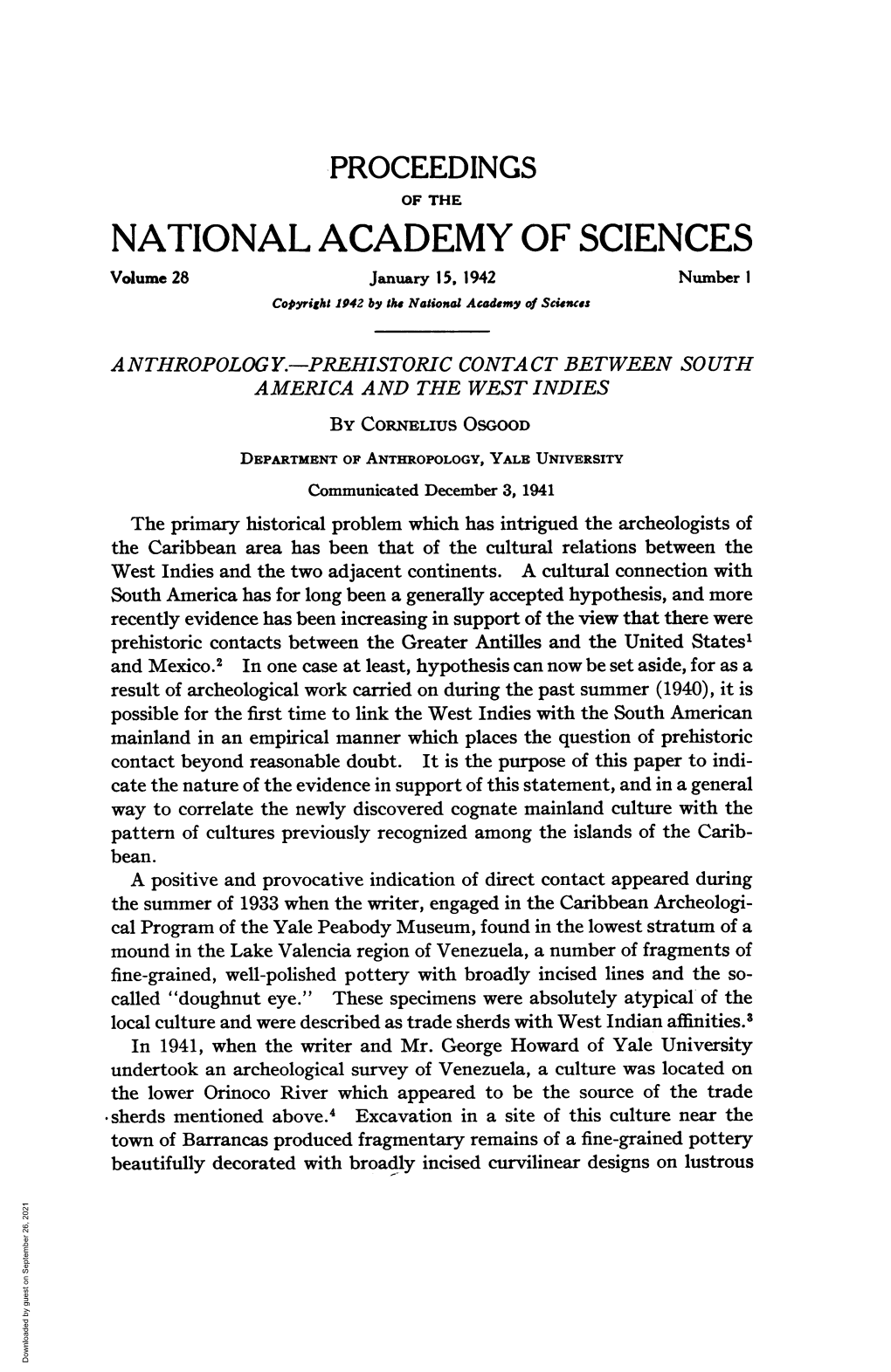 Prehistoric Contact Between South America and the West Indies