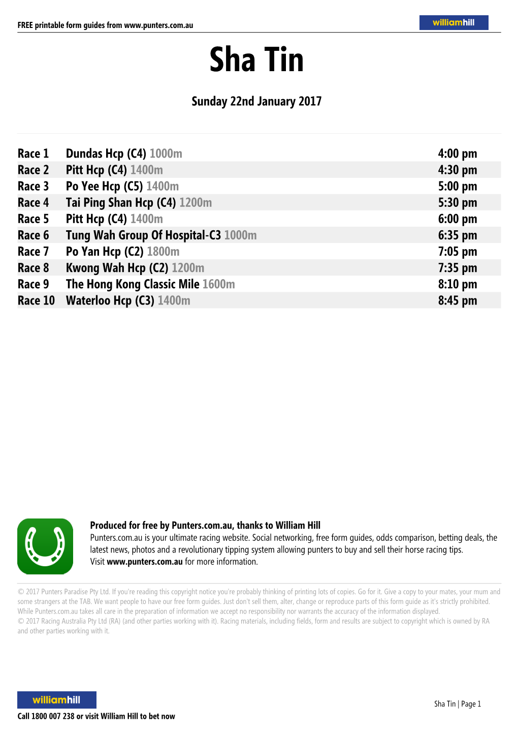 Sha Tin Printable Form Guide