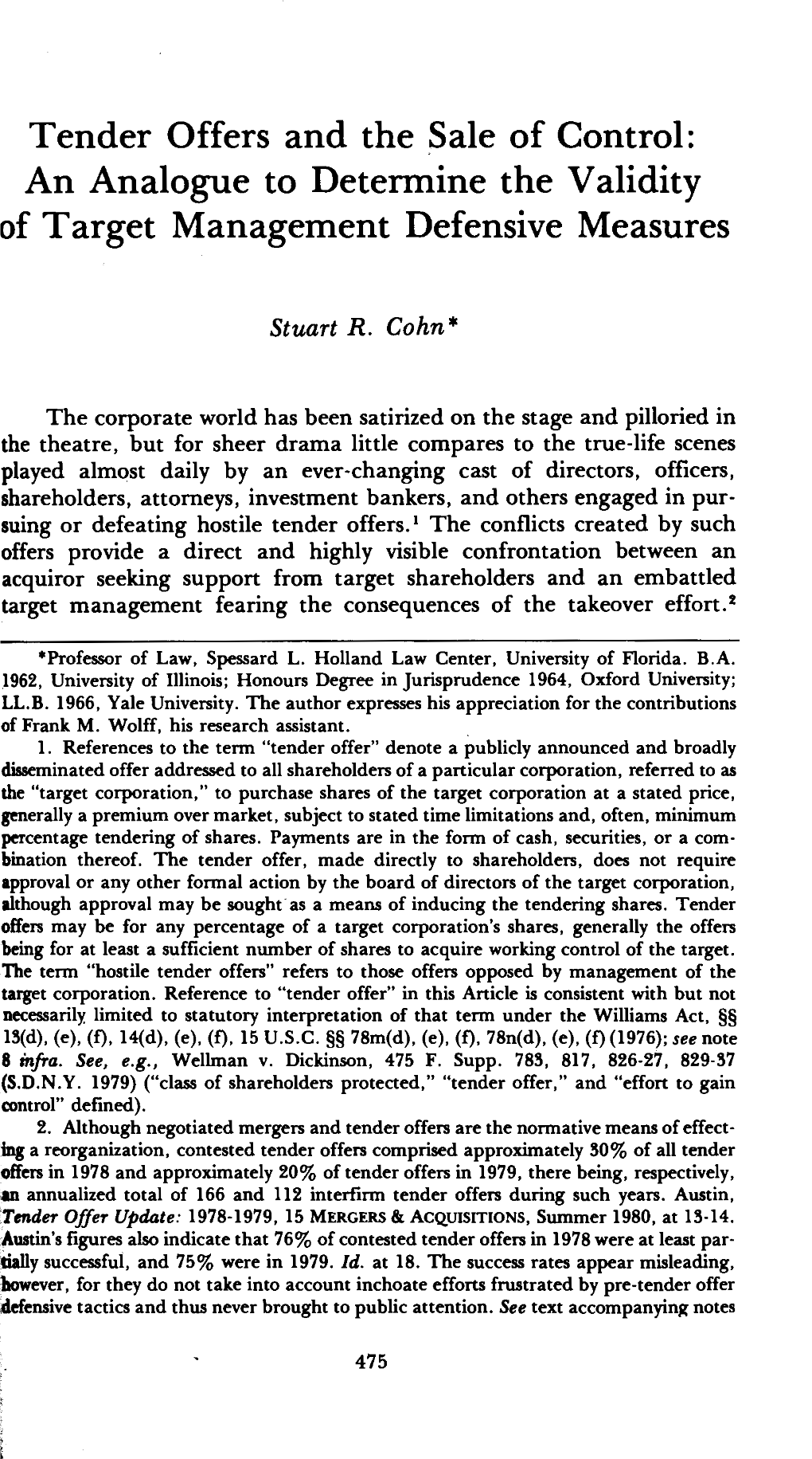 Tender Offers and the Sale of Control: an Analogue to Determine the Validity of Target Management Defensive Measures