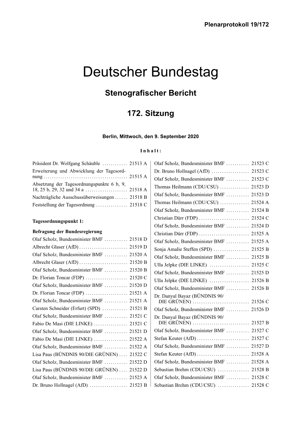 Plenarprotokoll 19/172 Vom 9. September 2020