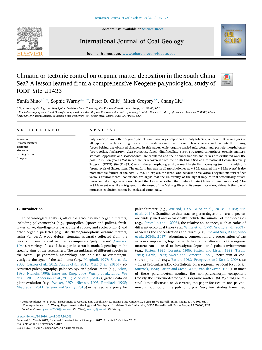 A Lesson Learned from a Comprehensive Neogene Palynological Study of IODP Site U1433 ⁎ ⁎⁎ Yunfa Miaoa,B, , Sophie Warnya,C, , Peter D