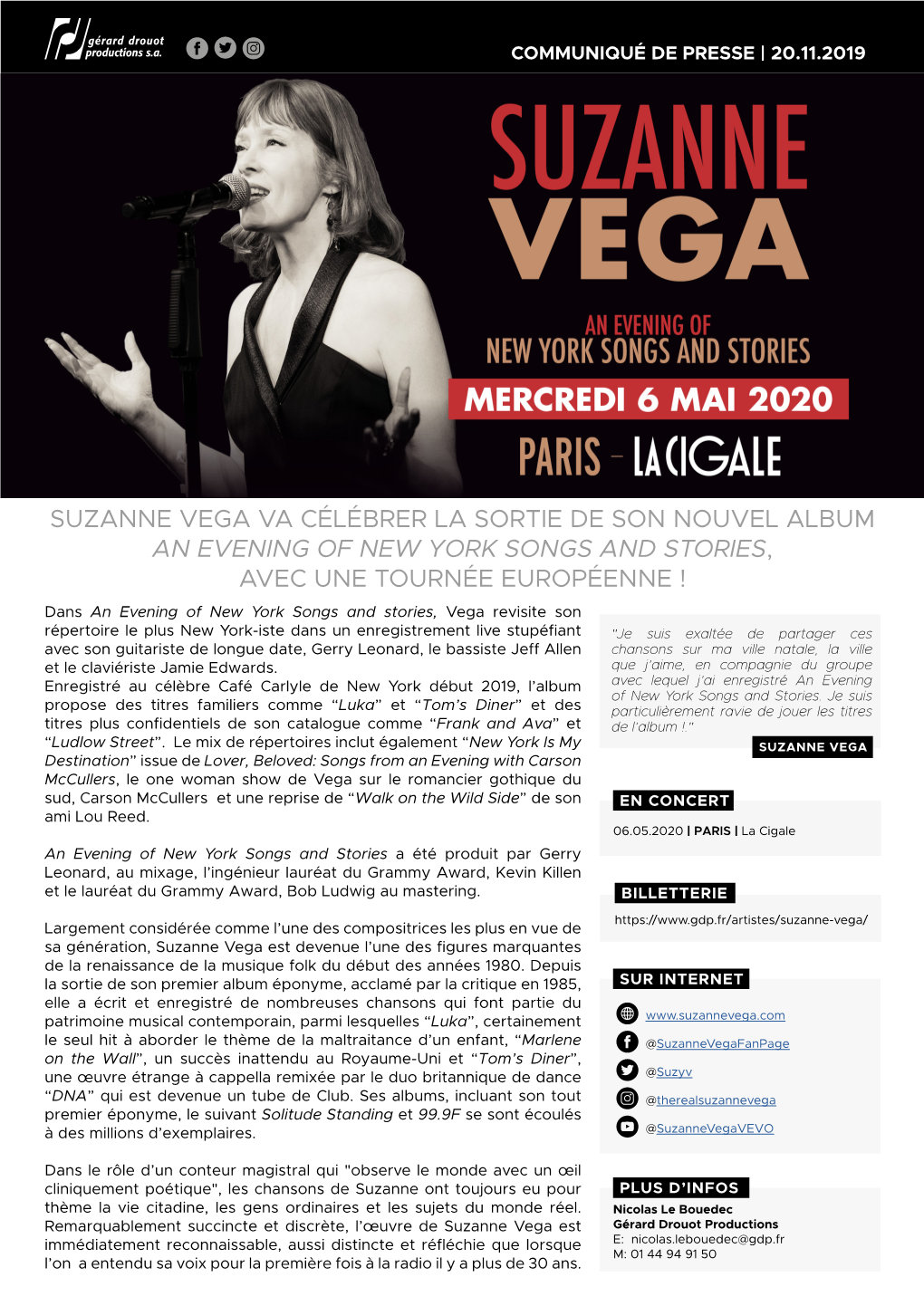 Suzanne Vega Va Célébrer La Sortie De Son Nouvel Album an Evening Of