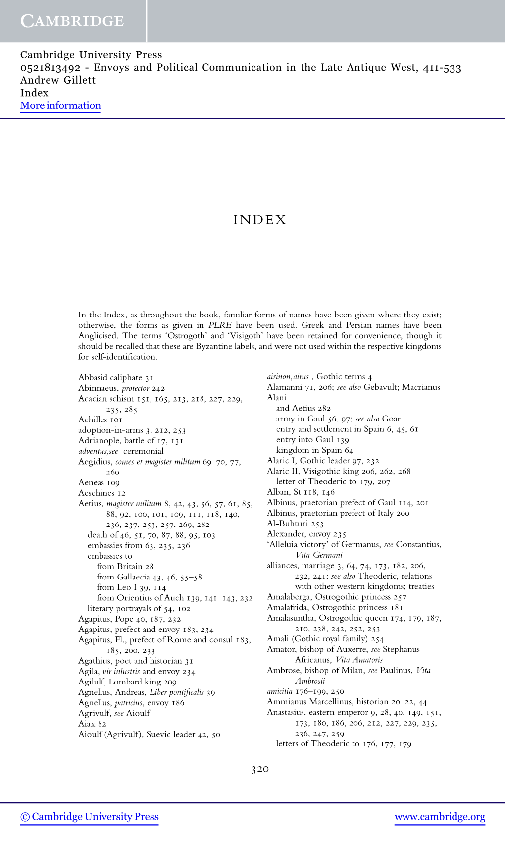 Envoys and Political Communication in the Late Antique West, 411-533 Andrew Gillett Index More Information