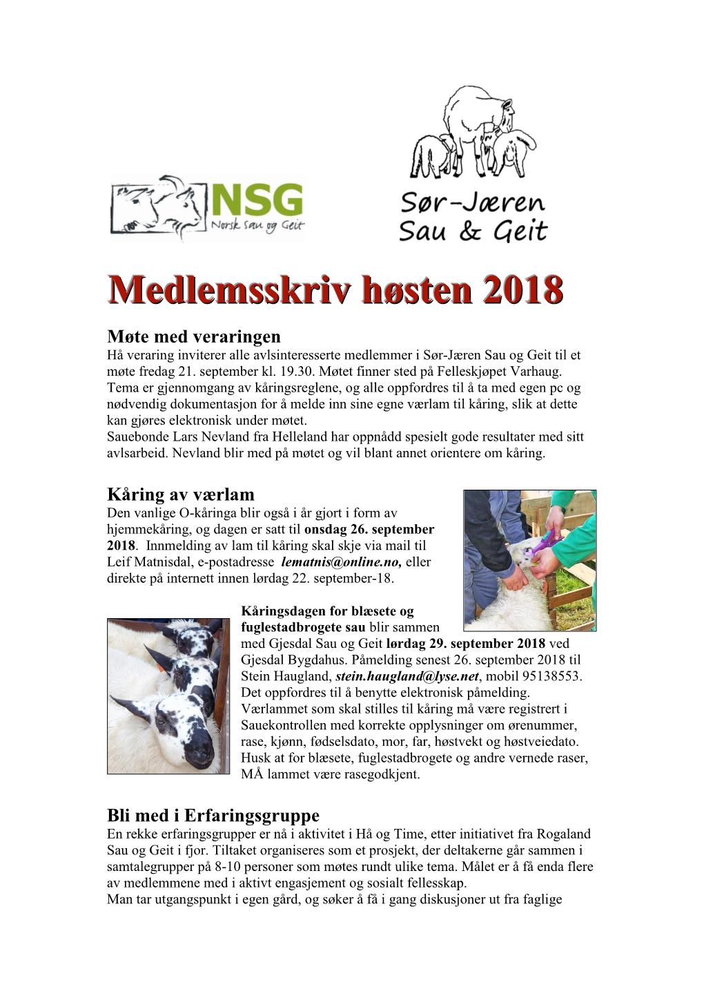 Medlemsskriv Høsten 2018