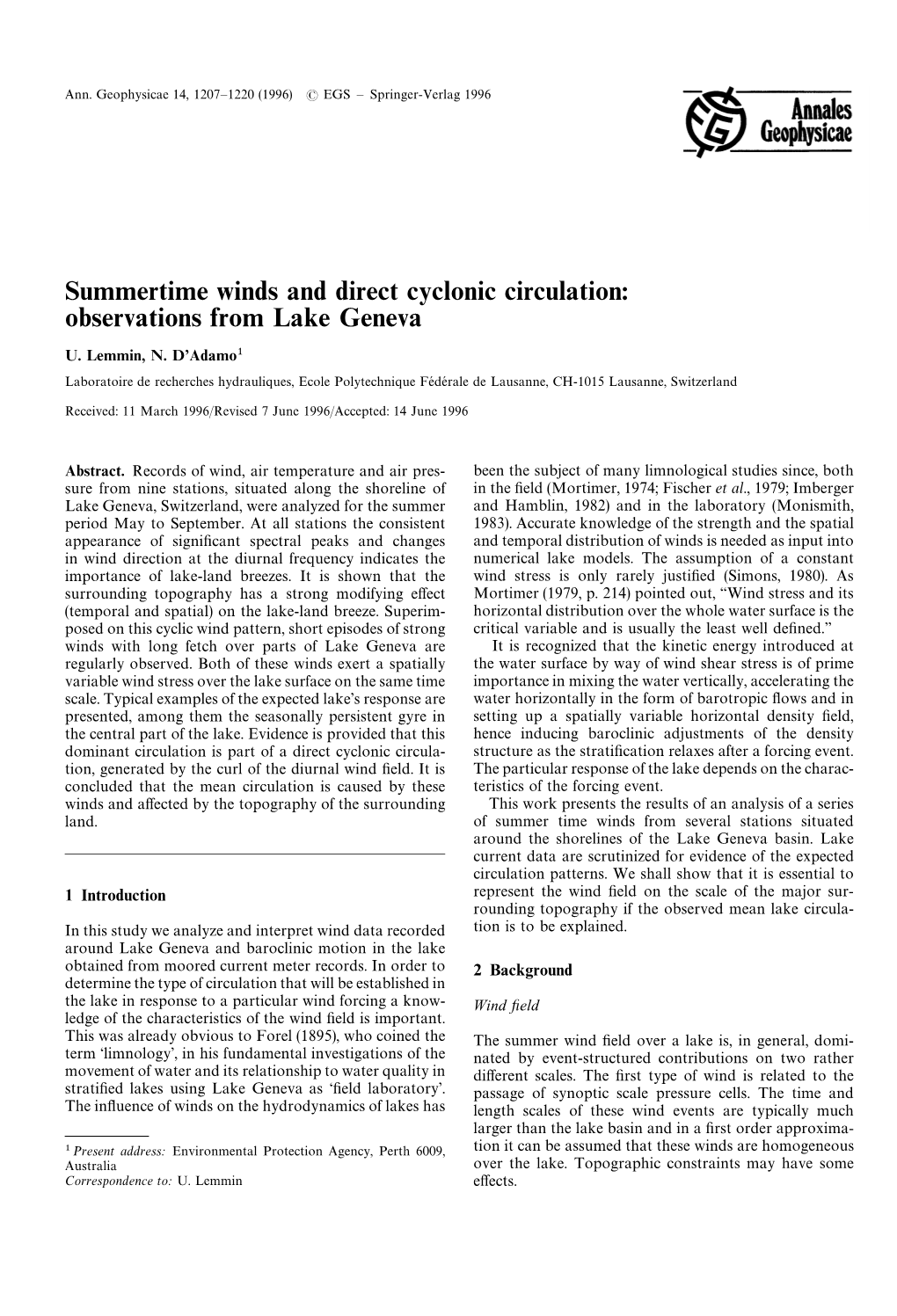 Summertime Winds and Direct Cyclonic Circulation: Observations from Lake Geneva