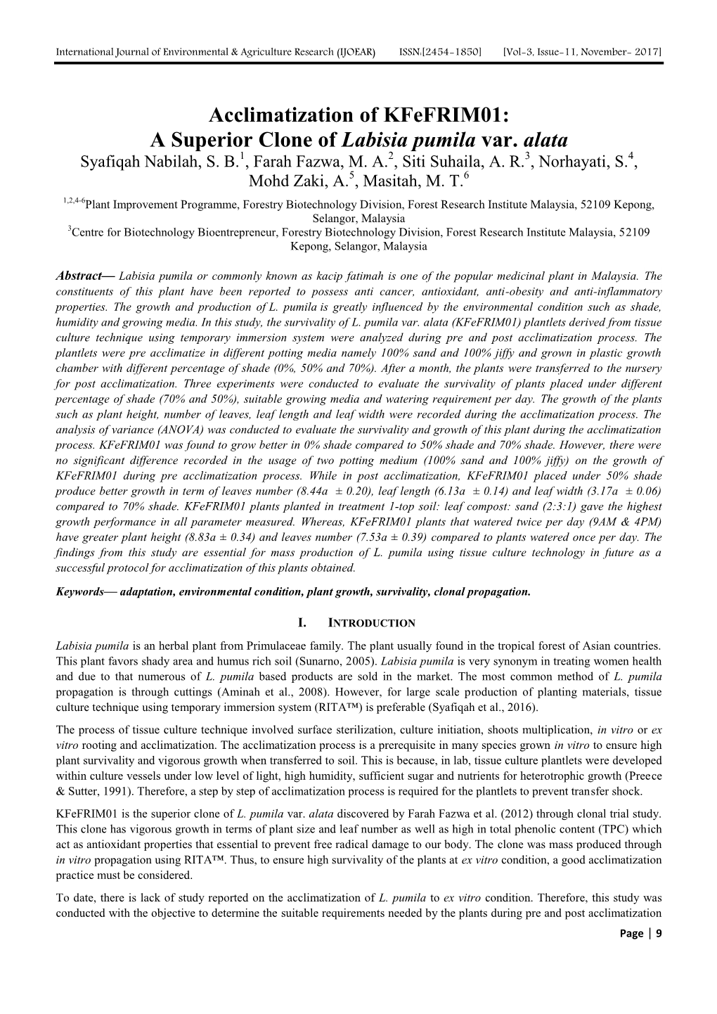 Acclimatization of Kfefrim01: a Superior Clone of Labisia Pumila Var