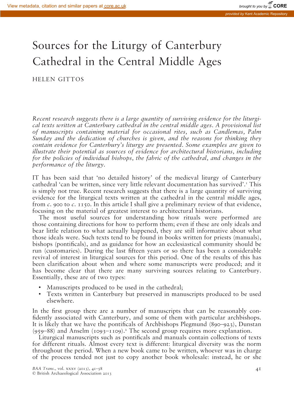 Sources for the Liturgy of Canterbury Cathedral in the Central Middle Ages