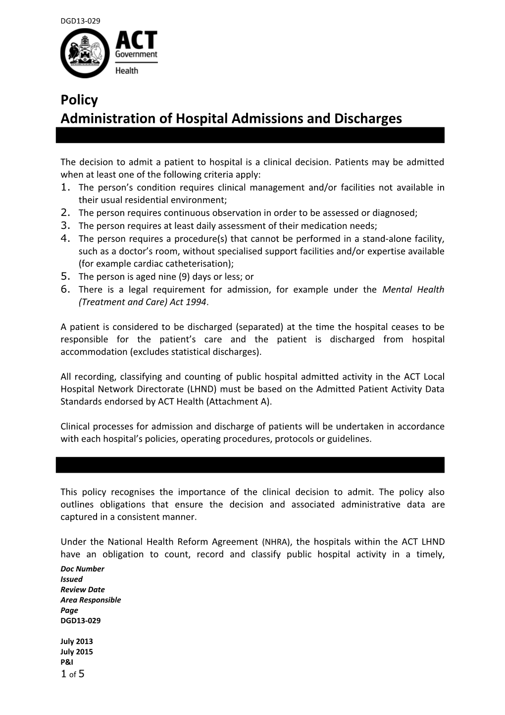 Administration of Hospital Admissions and Discharges Policy