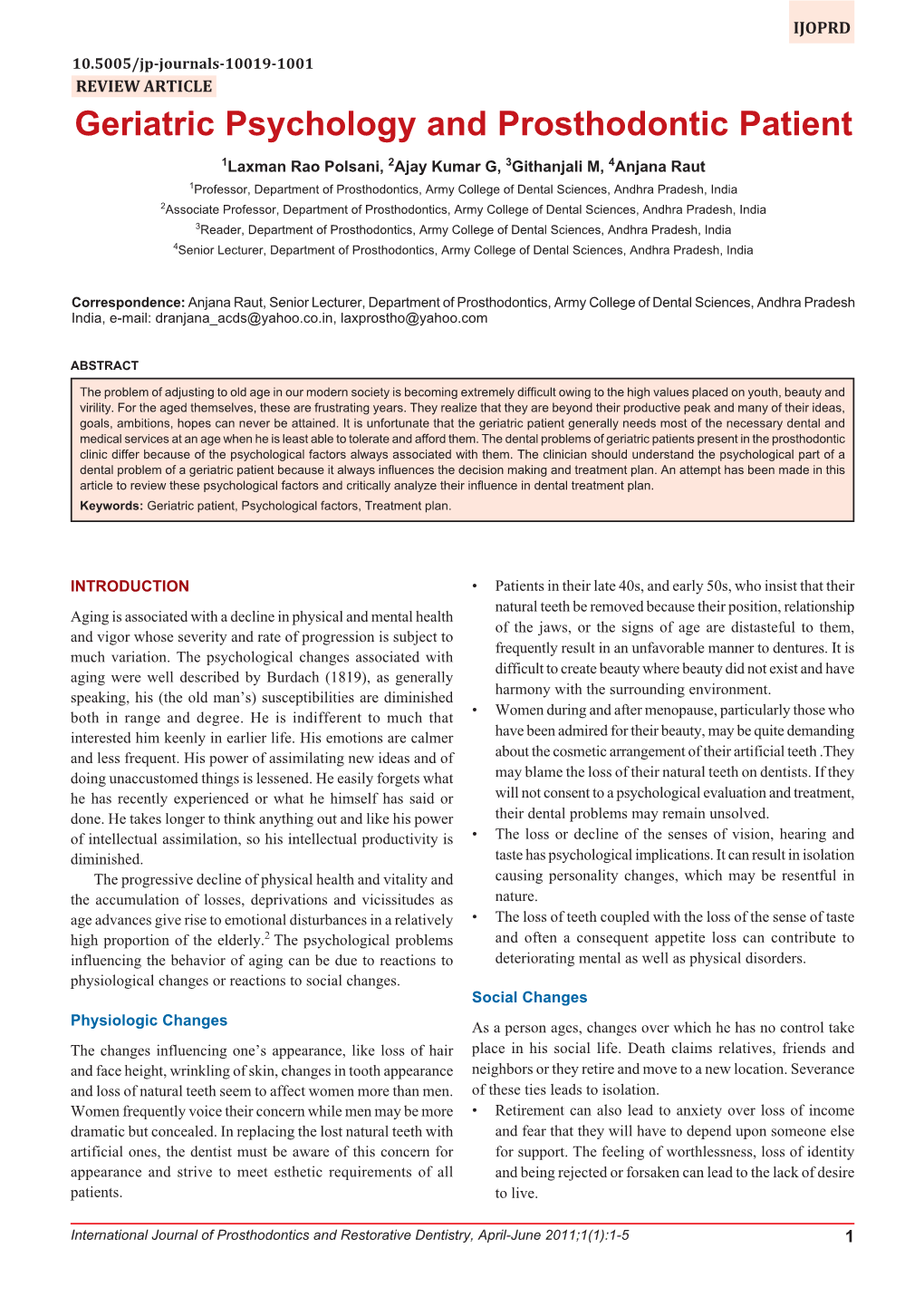 Geriatric Psychology and Prosthodontic Patient Geriatric Psychology and Prosthodontic Patient