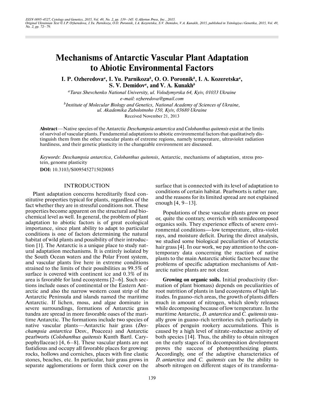 Mechanisms of Antarctic Vascular Plant Adaptation to Abiotic Environmental Factors I