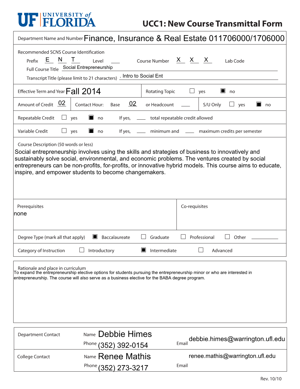 UCC1: New Course Transmittal Form