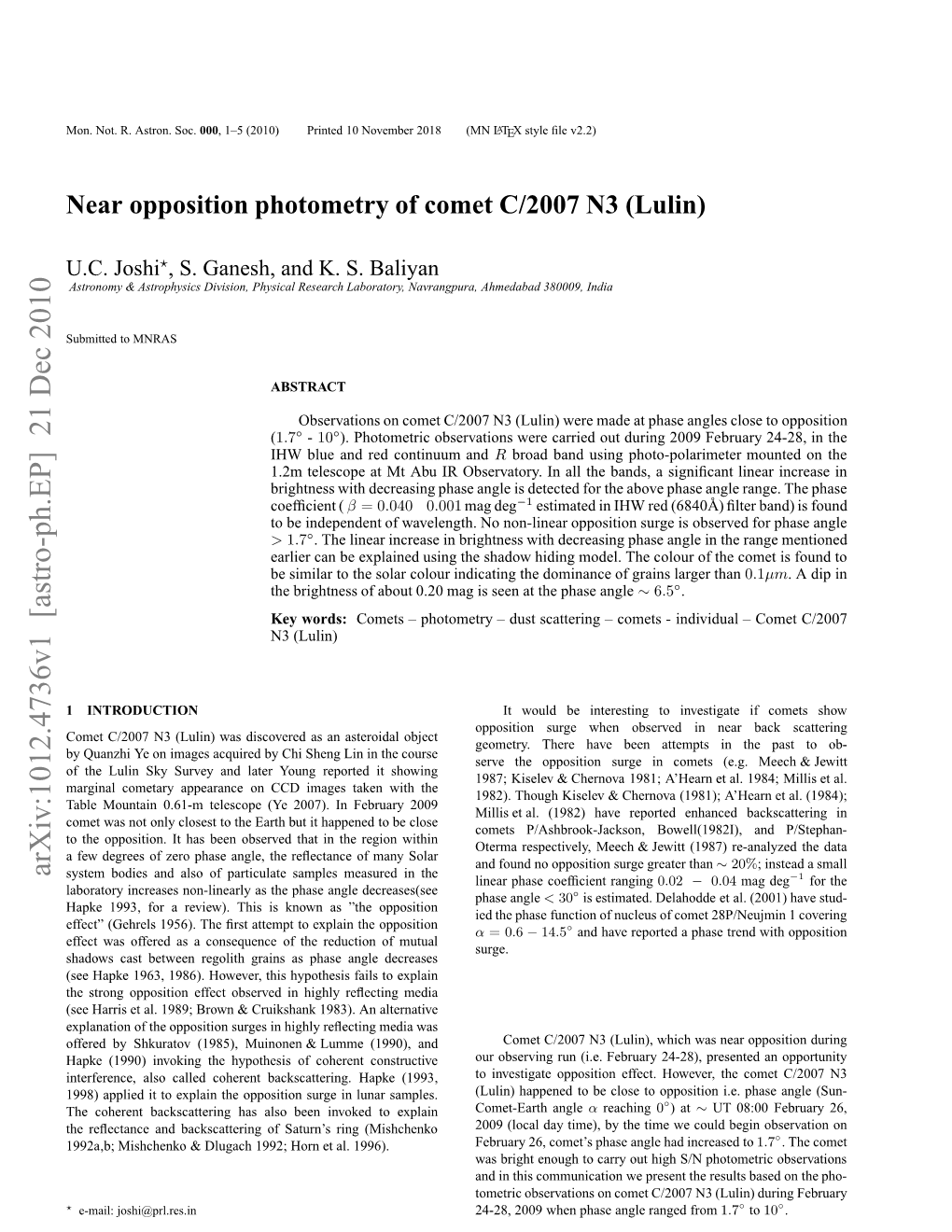 Near Opposition Photometry of Comet C/2007 N3 (Lulin)