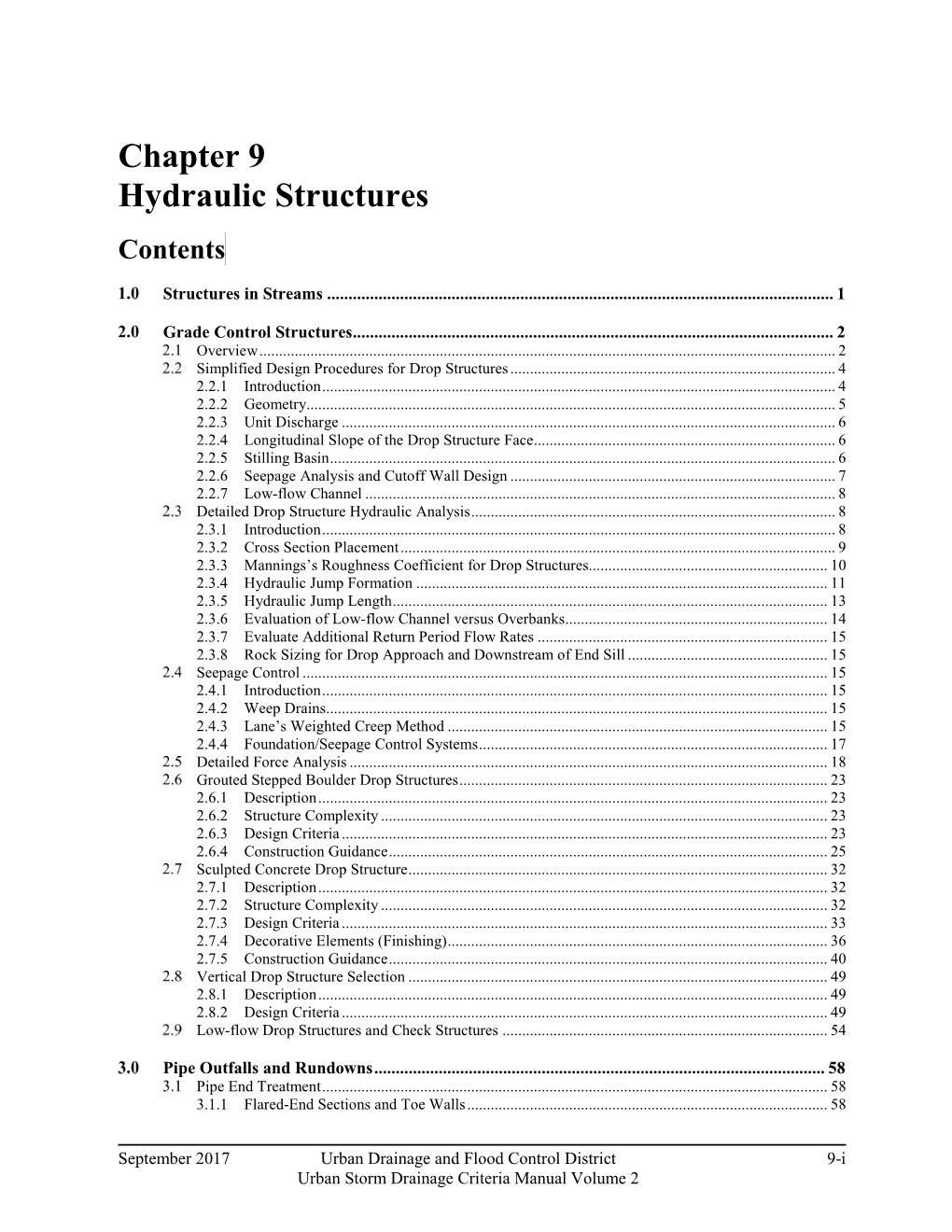 Chapter 9 Hydraulic Structures Contents