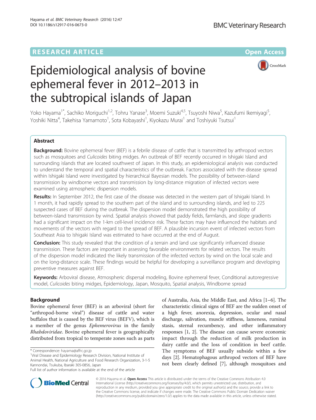Epidemiological Analysis of Bovine Ephemeral Fever in 2012–2013 In