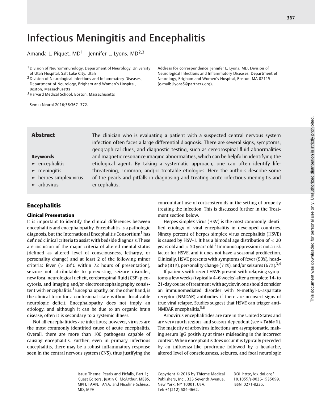 Infectious Meningitis and Encephalitis