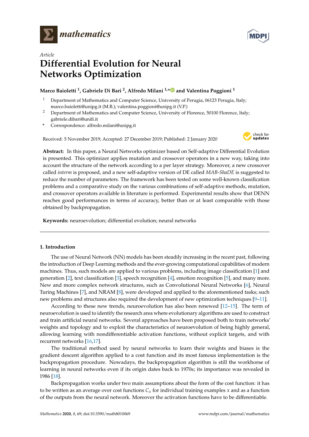 Differential Evolution for Neural Networks Optimization