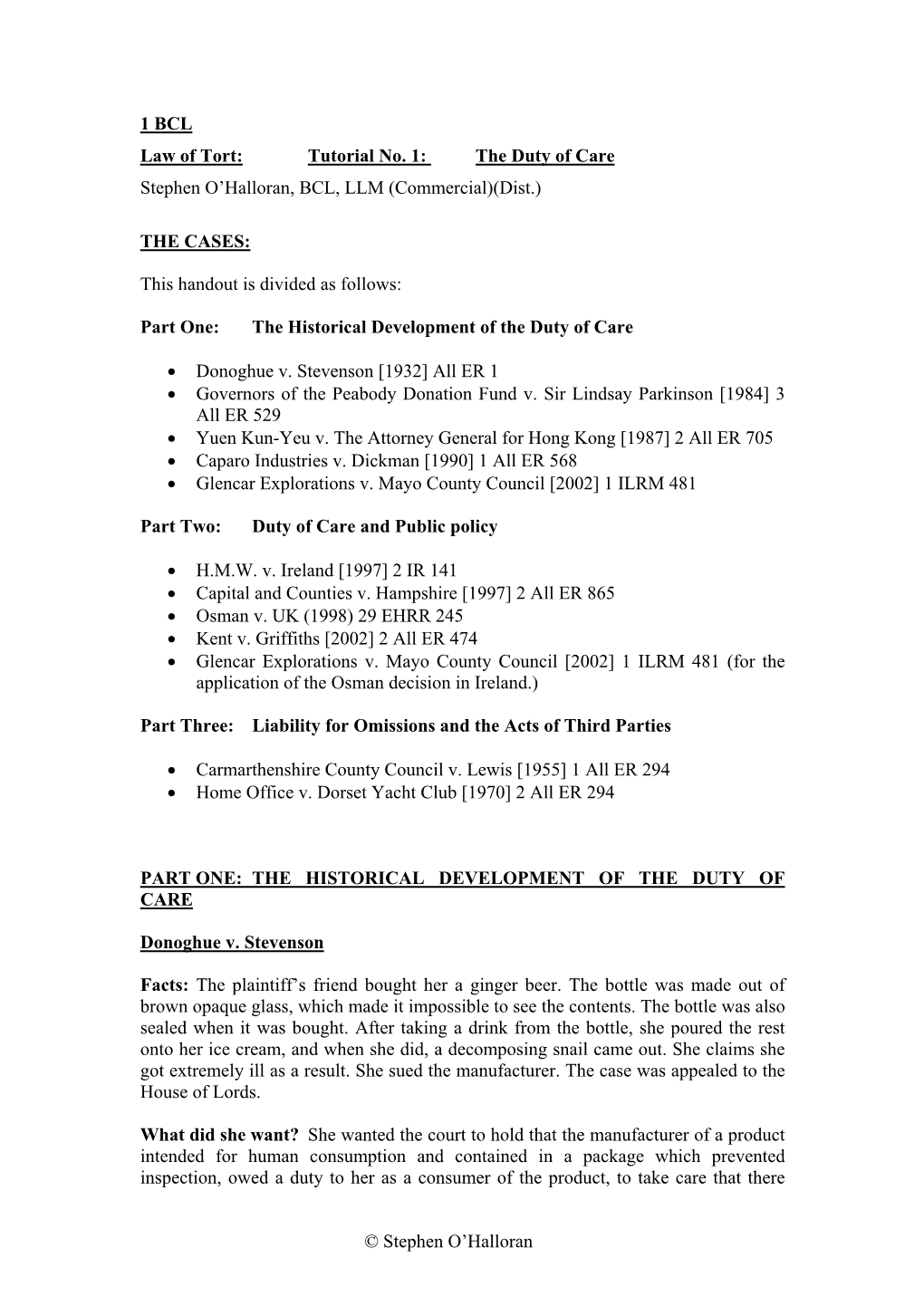 1 BCL Law of Tort: Tutorial No