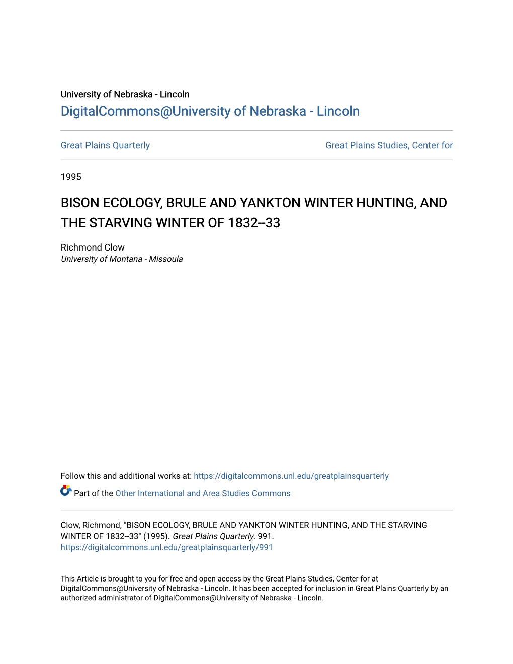 Bison Ecology, Brule and Yankton Winter Hunting, and the Starving Winter of 1832--33